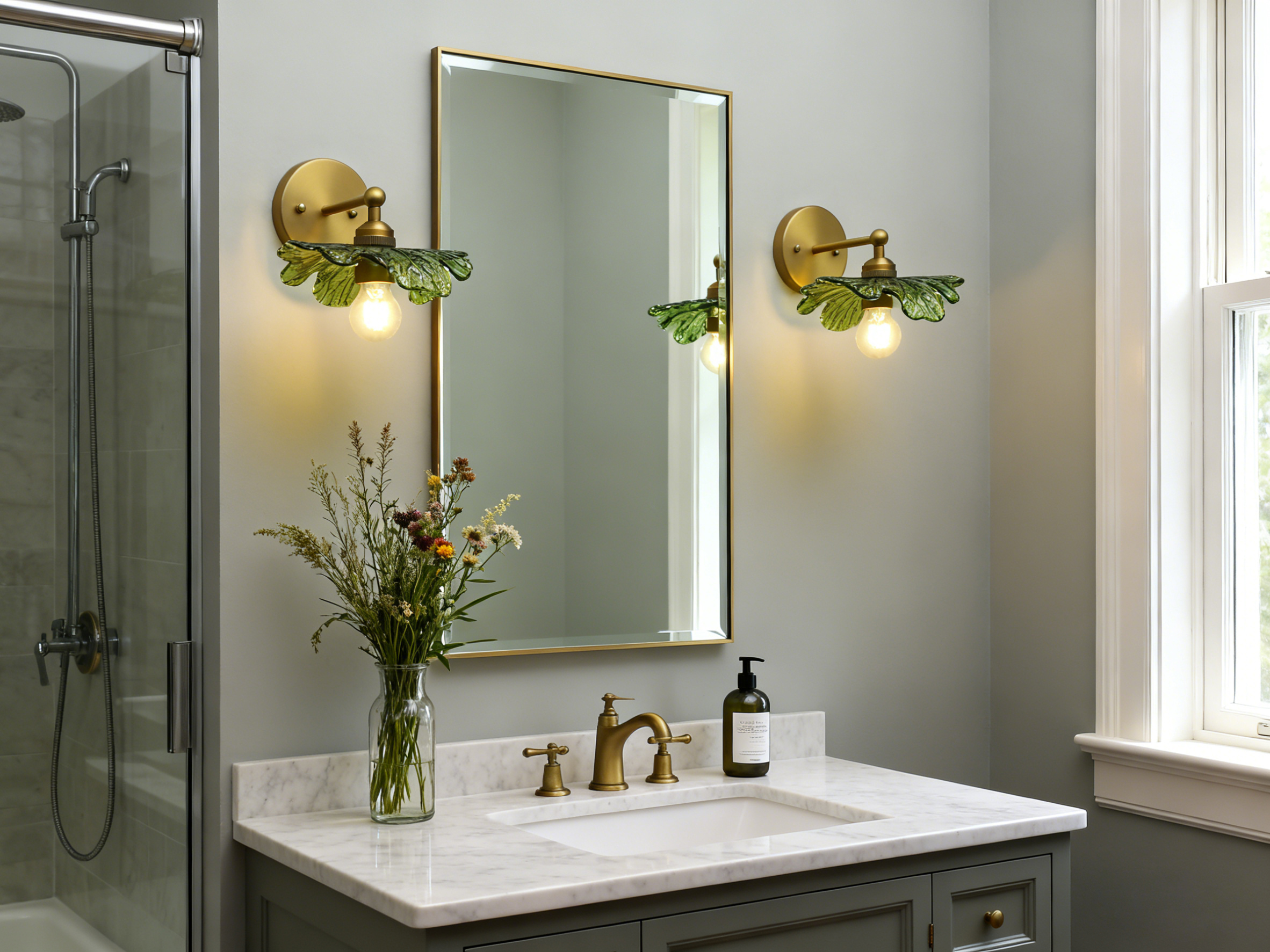 Image of Phansthy Hardwired Wall Light Boho Brass Finish Vintage Wall Sconce with Green Leaf Shaped Glass Shade, Vanity Lighting Suitable for Bathroom Living Room Hallway (Antique Gold)