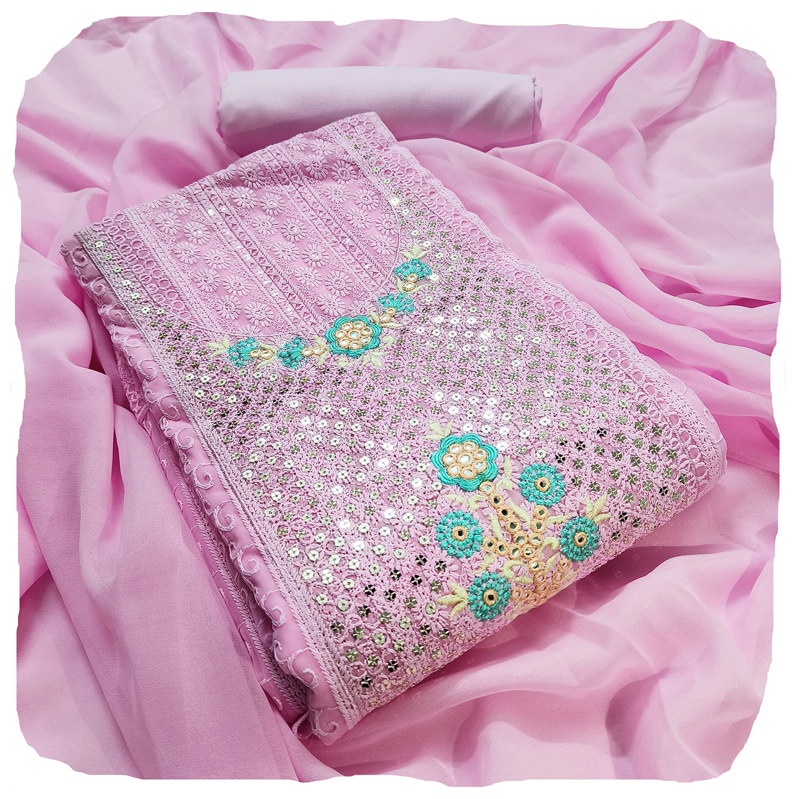 AAHIRAWomen Georgette Unstitched Salwar Suit Dress Material, Thread And Sequence Embroidery On Lucknow Chikankari Work(Free Size)