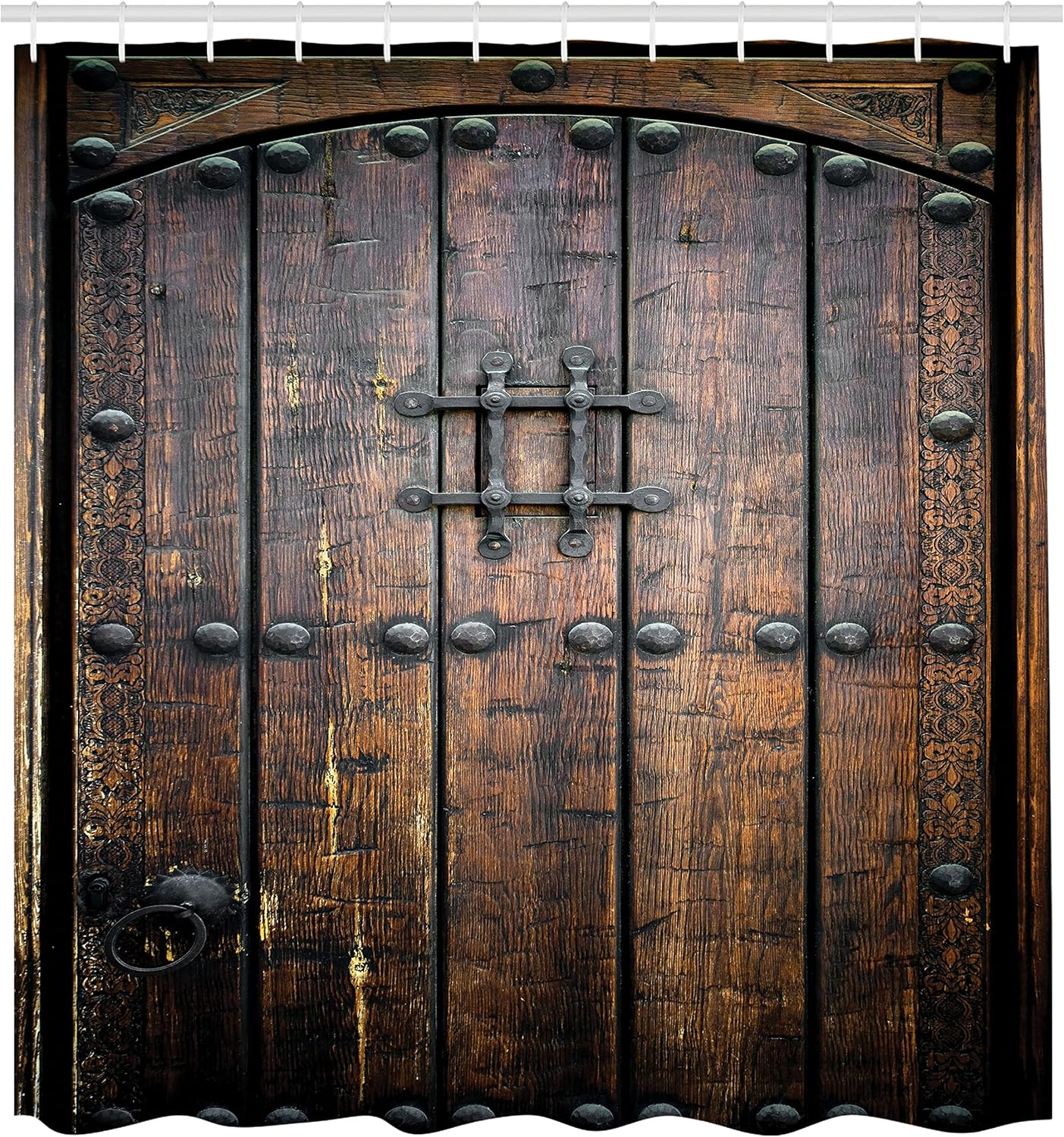 Ambesonne Rustic Shower Curtain, Wooden Door Historical Vintage Exterior Medieval Structure Print, Cloth Fabric Bathroom Decor Set with Hooks, 69" W x 75" L, Brown Black