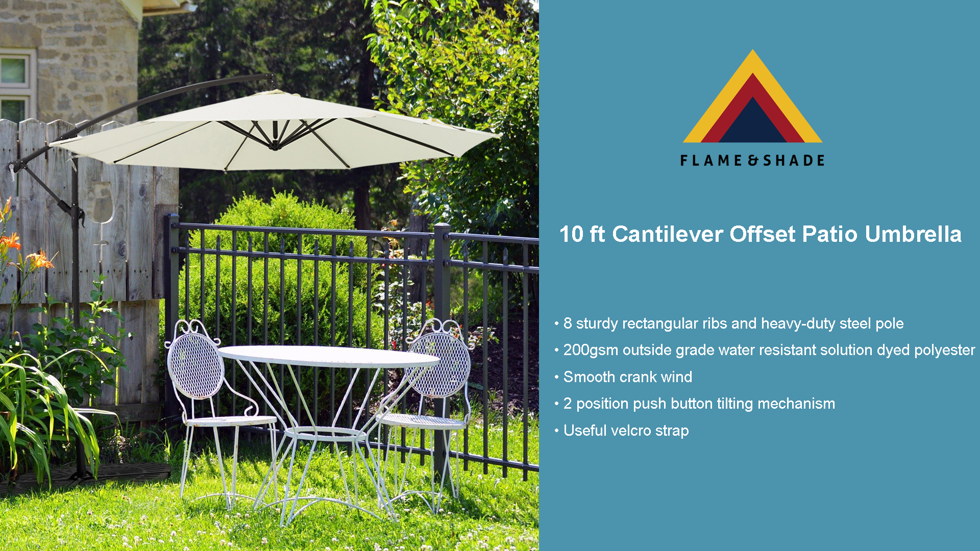 FLAME&SHADE 10ft Cantilever Patio Umbrella Outdoor, Large Offset Umbrella with Crank and Cross Base, UPF 50+ UV Protection Hanging Umbrella for Pool 