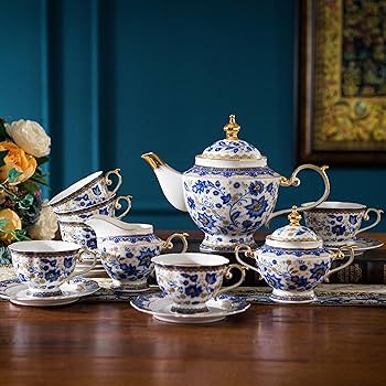 Amazon.com | ACMLIFE Bone China Tea Set for 6, Blue and