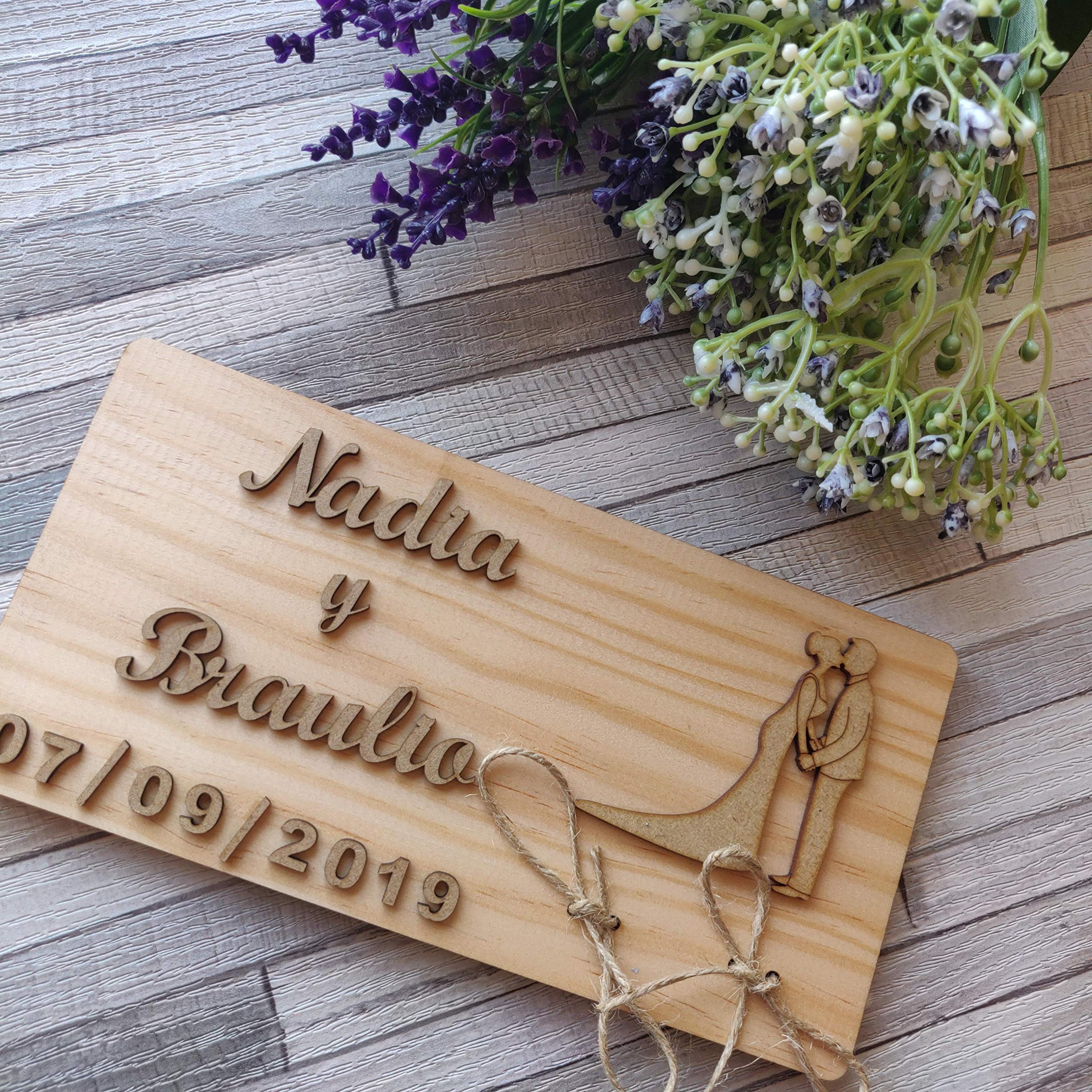 Evyre Porta alianzas porta anillos de boda en madera natural rústico/Ideal como regalo de portador de anillo de boda/Almohada cojín personalizado