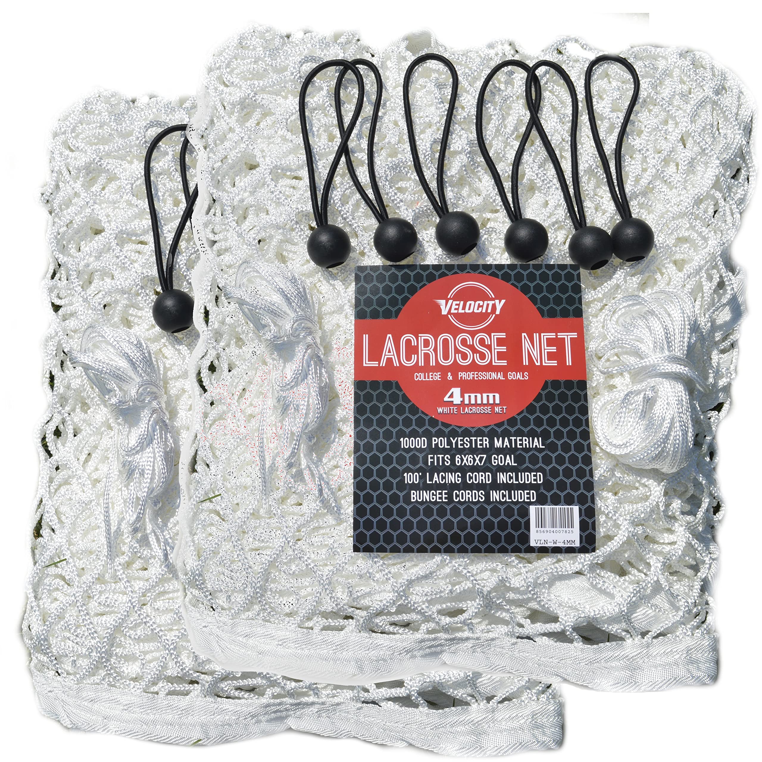 Velocity Heavy Duty Black &amp; White Lacrosse Net - Fits 6’x6’x7’ Goals - Weatherproof, UV Resistant 1000D High-Strength Polyester - Comes with 100+ Feet of Lacing Cord and 4 Quick Ties