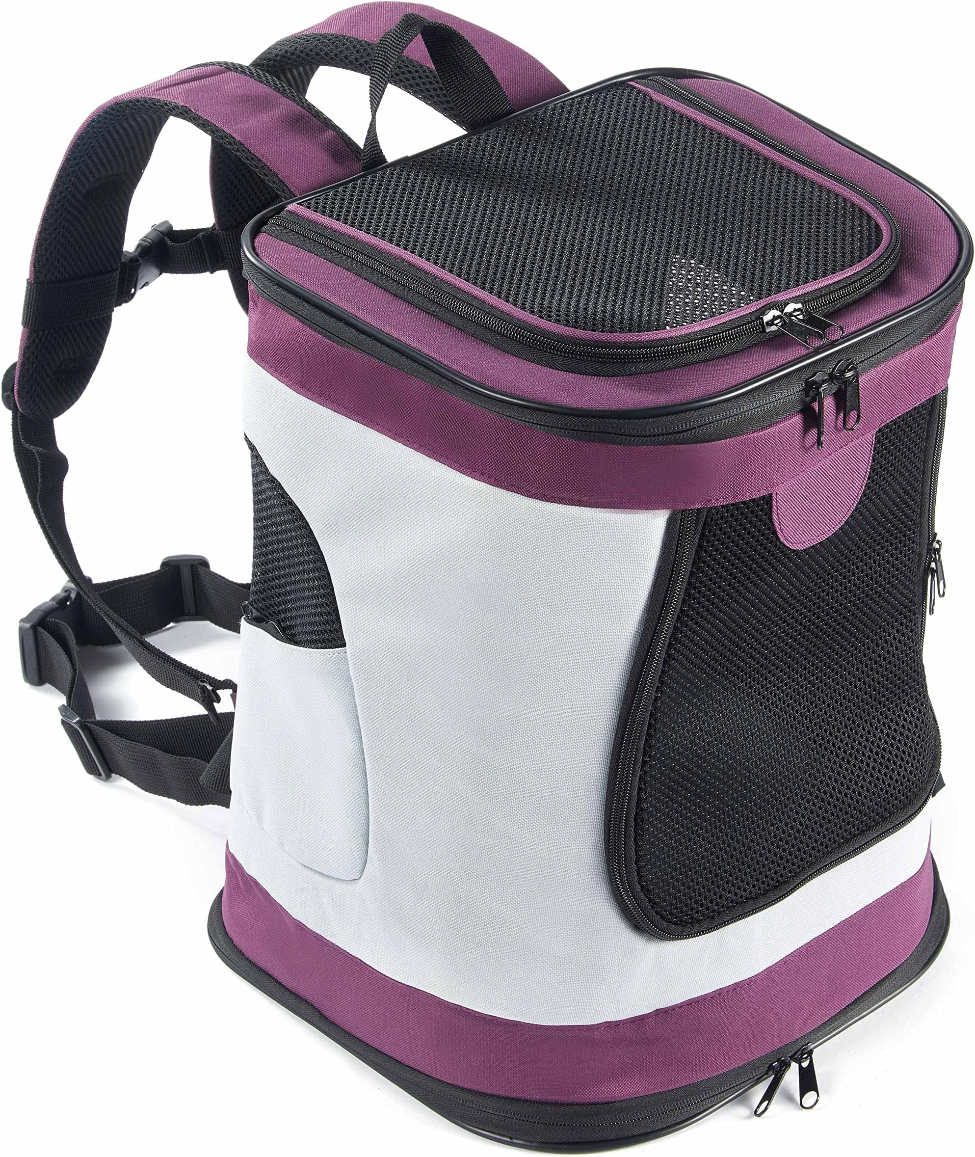 PETTOM Waterproof Padded Fabric Pet Dog Puppy Cat Backpack Rucksack Carrier Bag Top Open Soft Side Breathable Mesh For Travel Camping Outdoor (Purple and White)
