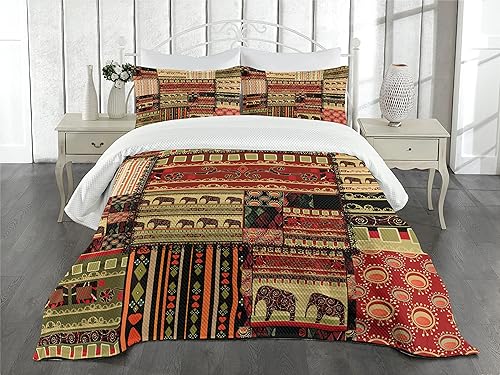 Miniatura 2 de Ambesonne Colcha africana, patrón de retazos con estampado de motivos culturales, juego de colcha decorativa acolchada de 3 piezas con 2 fundas de