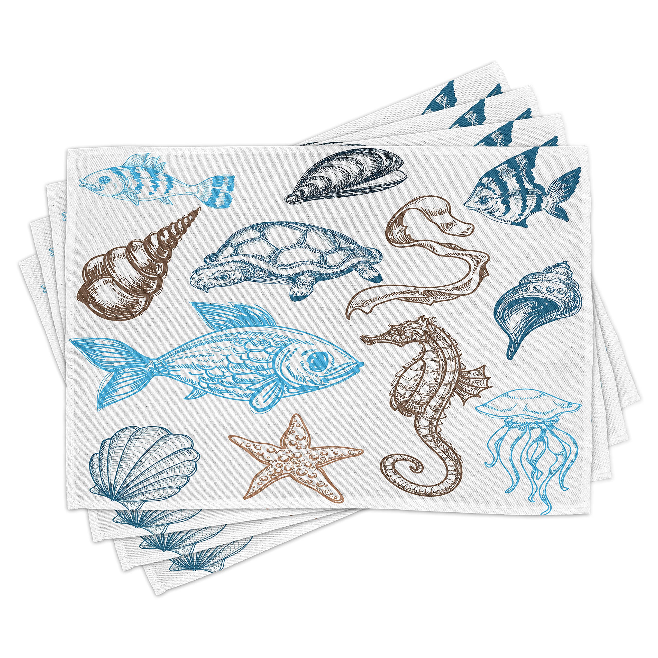 ABAKUHAUS Tovagliette Americane In Tessuto Set Da 4 - Marine Life, Lavabili, Impermeabili, 45x30 Cm, Azzurro Grigio E Cioccolato