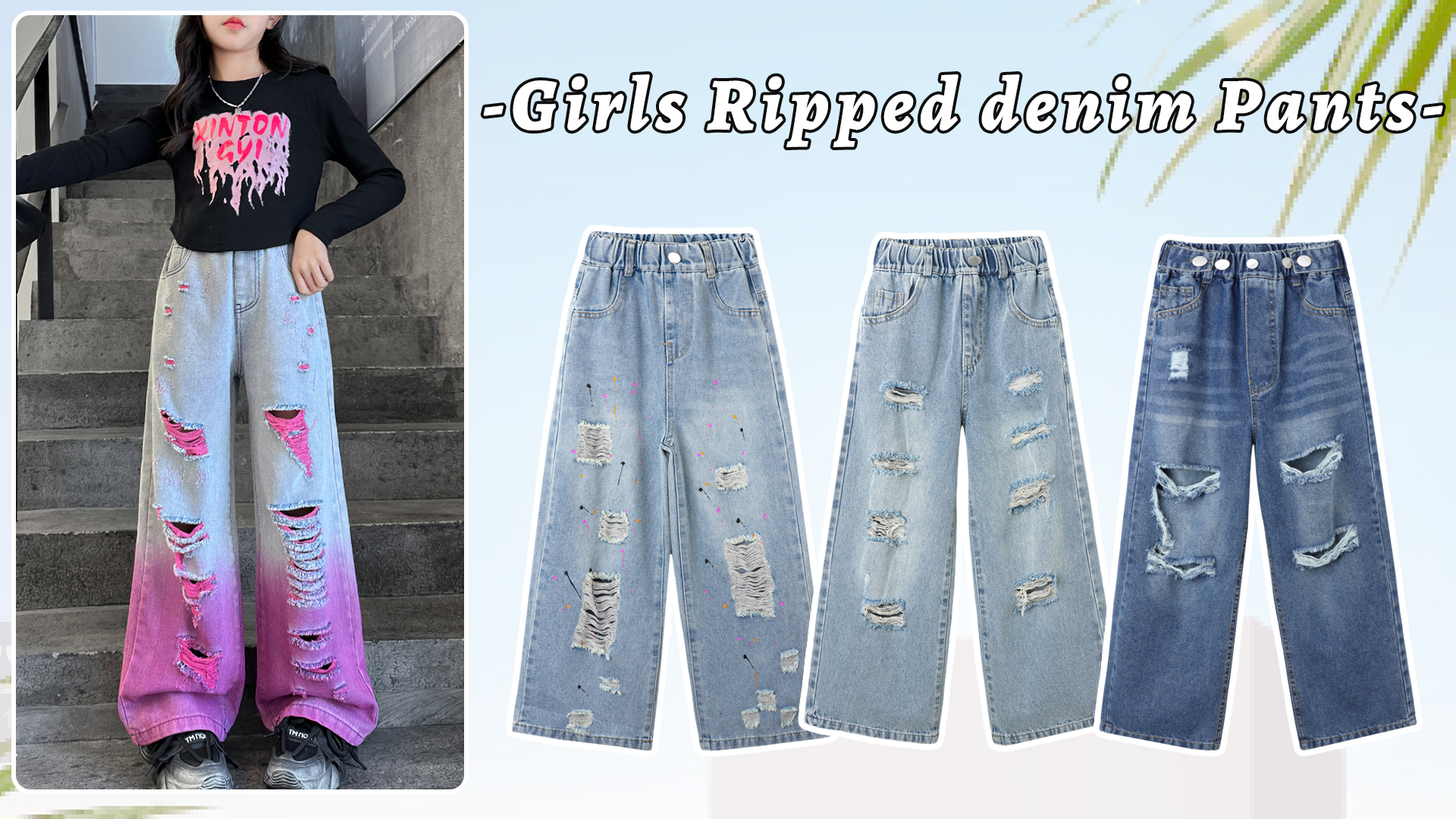 Jeans Déchiré Papillon Jambes Larges Pour Fille 8-14 Ans - Taille élastique, Style Décontracté, Pour Printemps/été/automne - 3