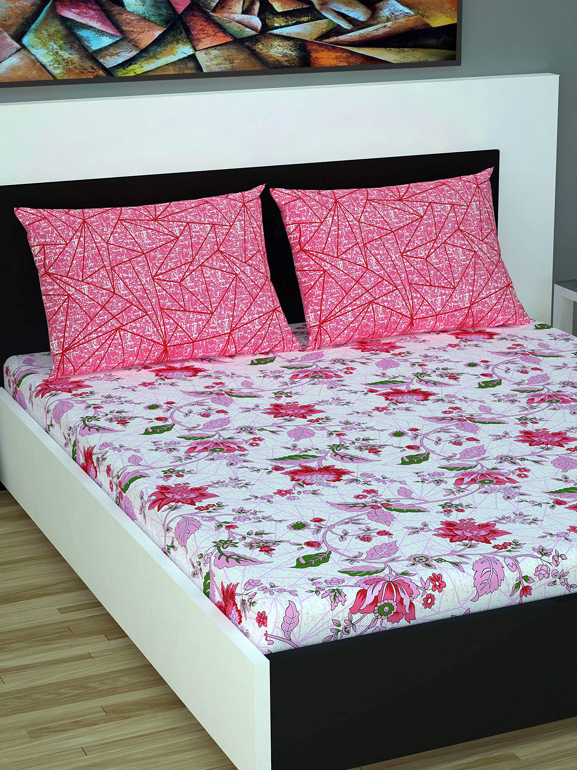 Double Bedsheets Modern Double Bedsheet With 2 Pillow Covers - Floral, Pink, Me1127