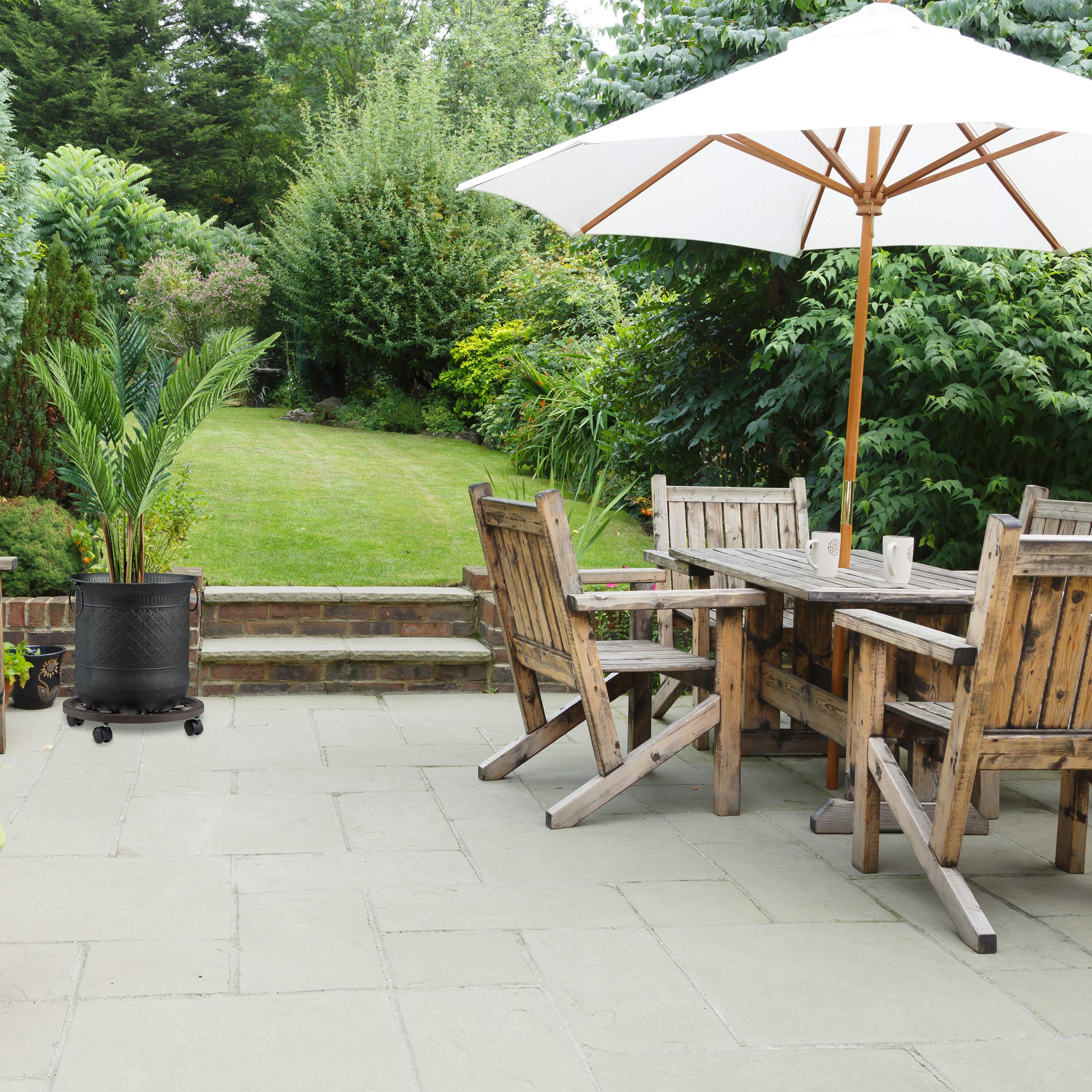 relaxdays Soporte para Macetas con Ruedas, Base Plantas Redonda de Interior y Exterior, 1 Ud., Ø 38 cm, Aluminio, Marrón