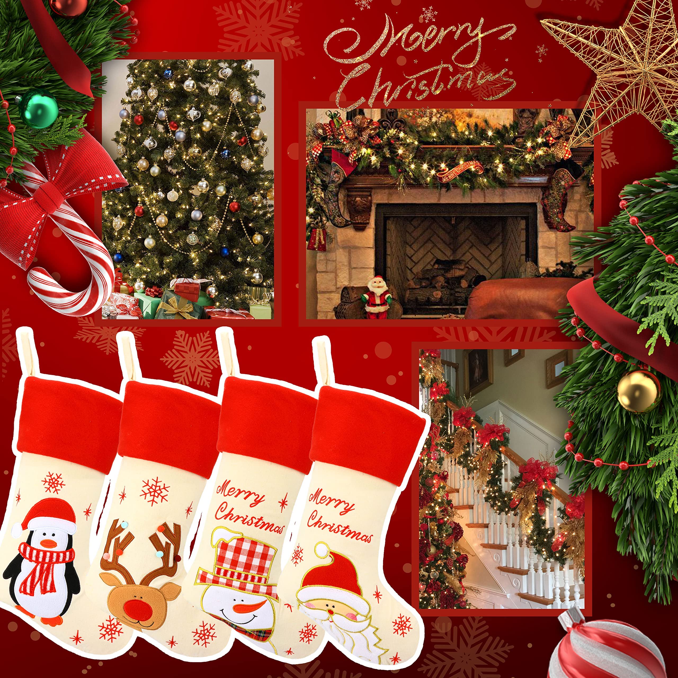 Hopearl Weihnachtsstrümpfe Set 4er - Rustikale Leinen Socken mit Weihnachtsmann, Schneemann, Rentier & Pinguin - 48 cm Geschenkbeutel für Weihnachtsbaum & Familienfeiern