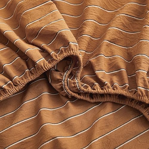 Miniatura 2 de Eikei Juego de sábanas bajeras de algodón lavado a rayas retro, estilo casual de mediados de siglo, estilo moderno a rayas, relajado, tacto suave,