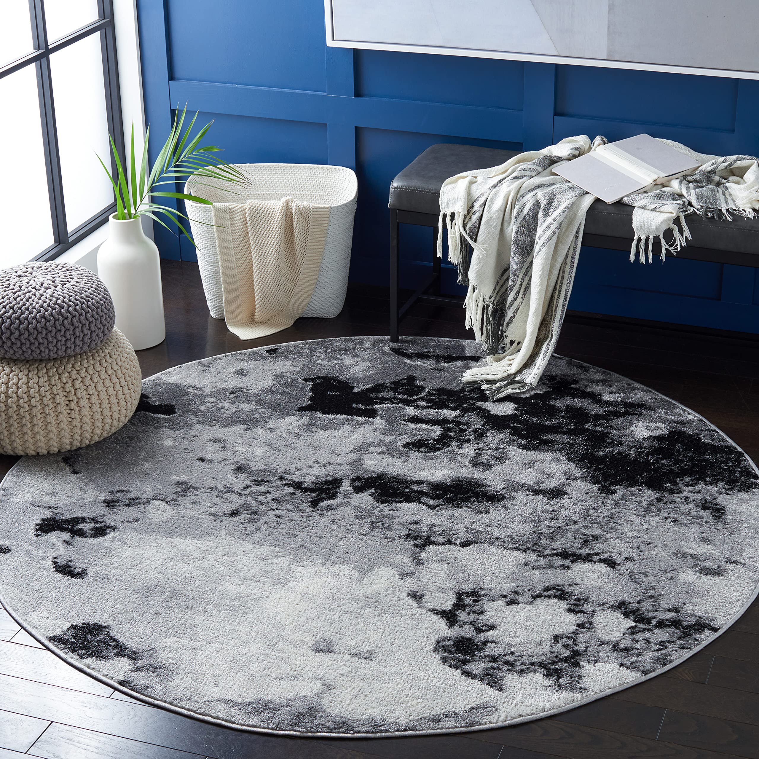SAFAVIEH Adirondack Collection Area Rug - 6' Round, Grey & Black, Modern Abstract Design, Non-Shedding & Easy Care, Ideal for High Traffic Areas in