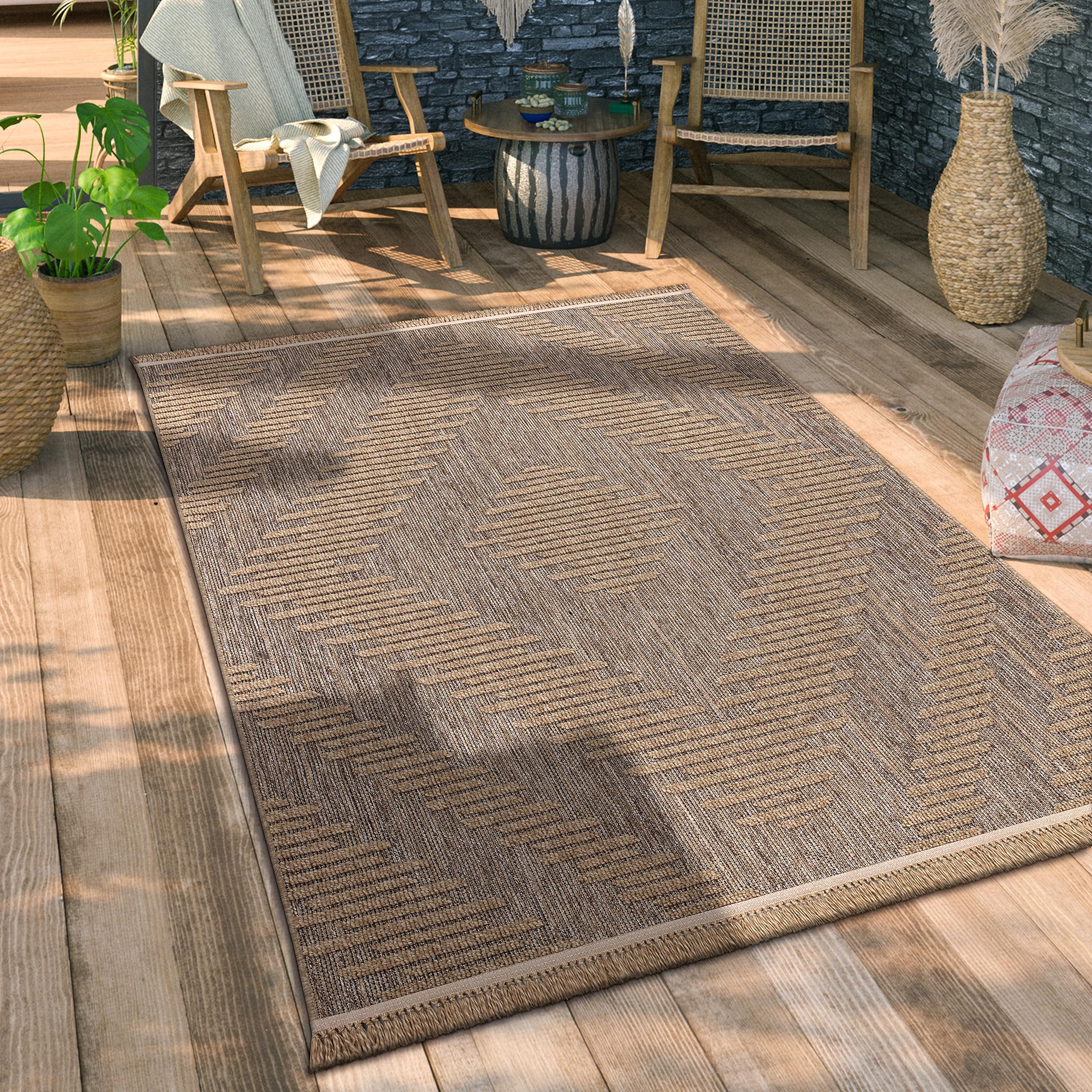 Paco Home Hochwertiger Outdoor Teppich Wetterfest & Pflegeleicht Jute-Sisal-Optik mit Fransen & Hoch-Tief-Effekt Langlebig für Terrasse, Balkon, Garten & Küche, Grösse:120x160 cm, Farbe:Beige 4