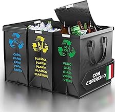 PTMS® Borse Raccolta Differenziata con COPERCHIO - 3 Bidoni Differenziata da Interno ed Esterno per Carta, Plastica e Vetro - Set Bidoni per Raccolta Differenziata in Colore di Riciclaggio