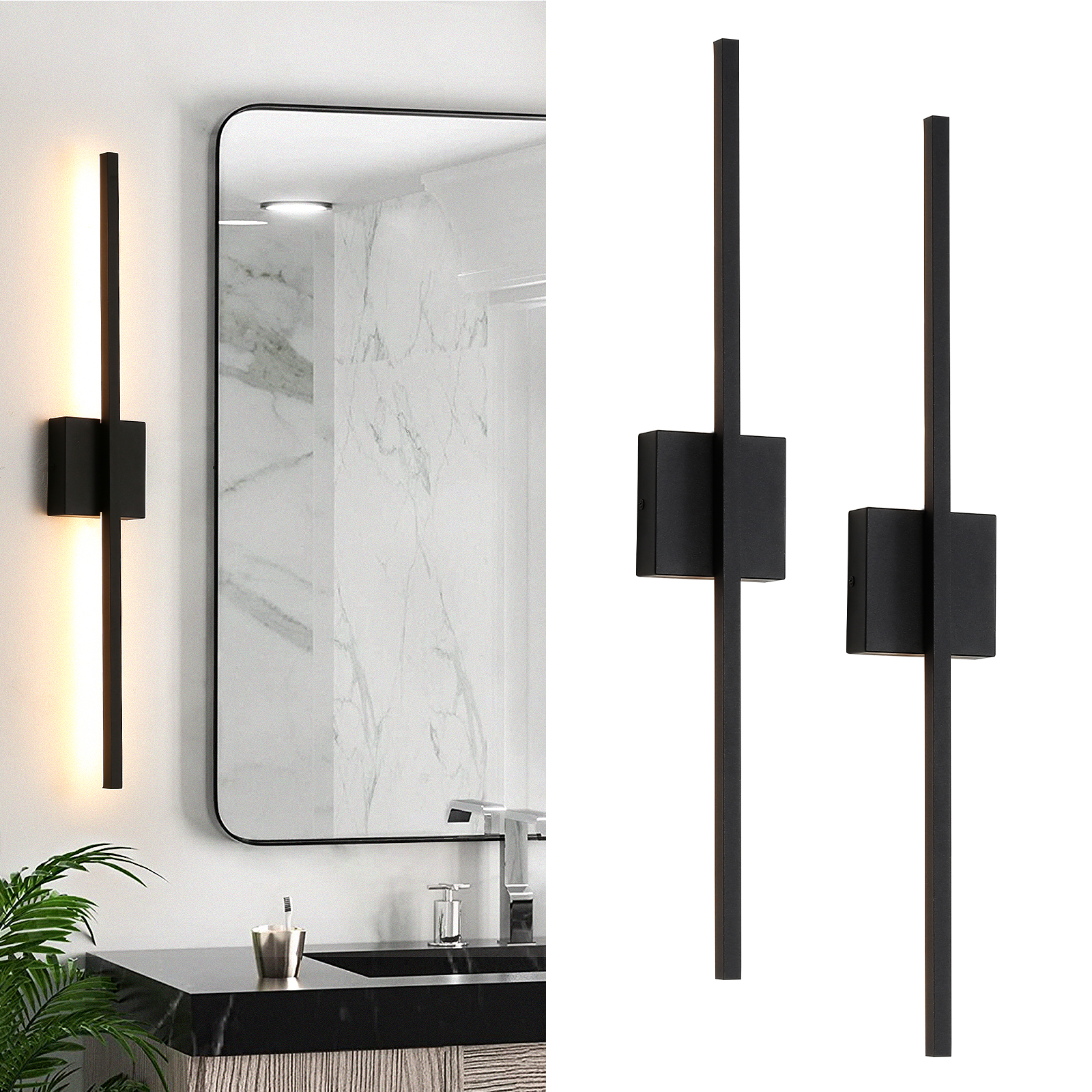 Image of Wall Sconces Set of Two, 28 Inch Dimmable LED Wall Sconce Modern Black Sconces Set of 2 for Bathroom, Living Room, Bedroom, Hardwired 3000K (2 Pack)
