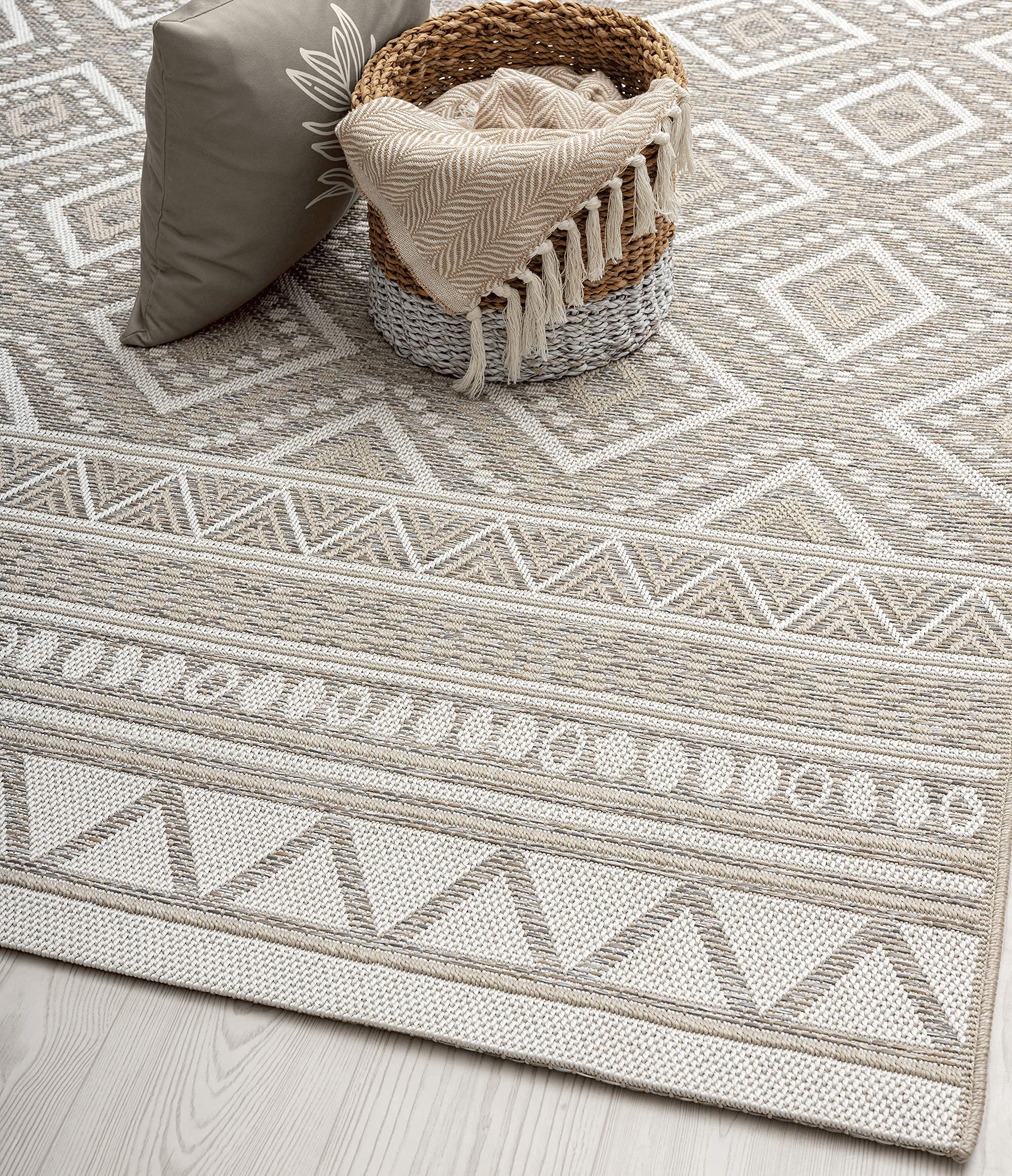 the carpet Calgary - robusto tappeto per esterni, resistente alle intemperie e ai raggi UV, per balcone, terrazza, giardino d'inverno o cucina e sala da pranzo, 200x280 cm, Beige