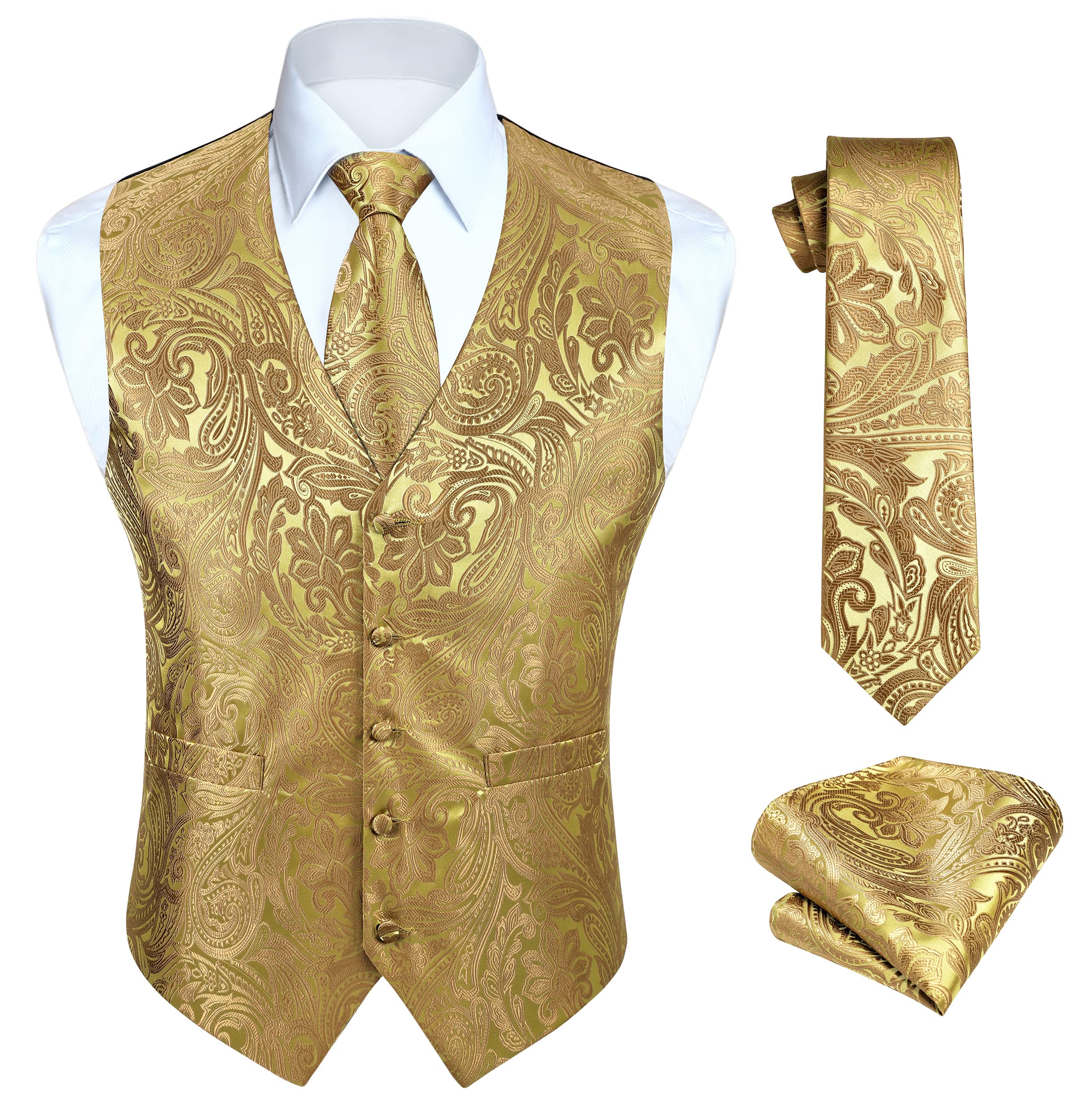hisdern Men's Classic Paisley Floral Jacquard Waistcoat & Necktie and Pocket Square Vest Suit Set-picture-55