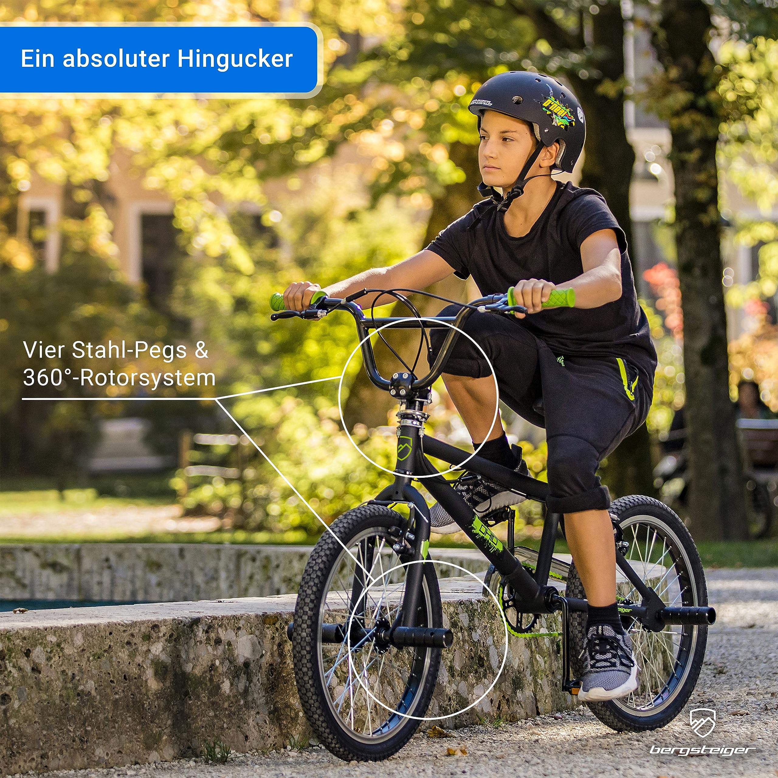 Bergsteiger Ohio 20 Zoll BMX Freestyle Fahrrad mit 360° Rotor-System | Stabiler Hardtail-Rahmen für Fahrspaß ab 130 cm. Inklusive 4 Stahl-Pegs, V-Bremsen und schnellen 90% Vormontage.