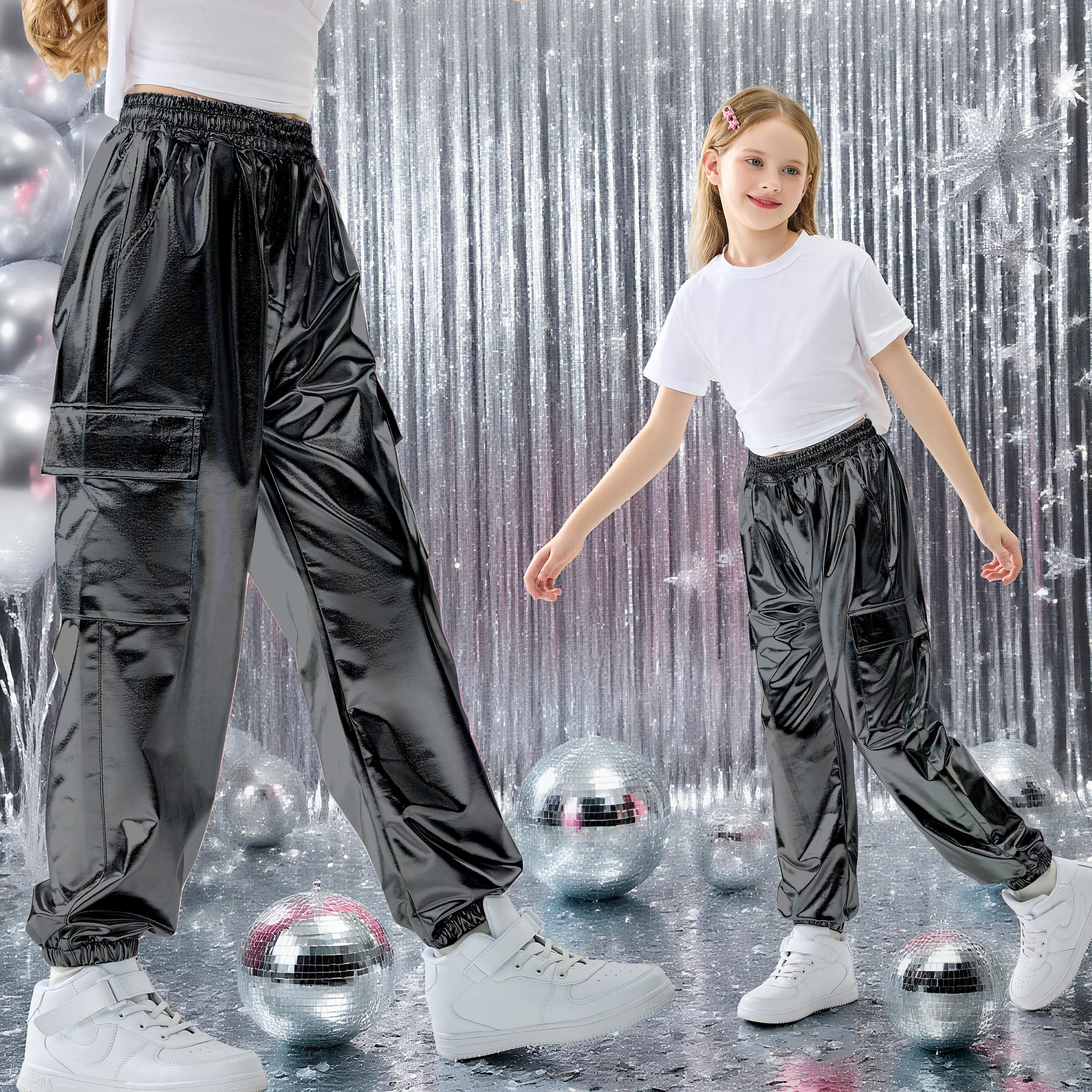 Rolanko Cargo Hosen für Mädchen, Metallische Tanz Hip Hop Hosen für Kinder Mit Elastischem Bund, Retro Disco Streetwear