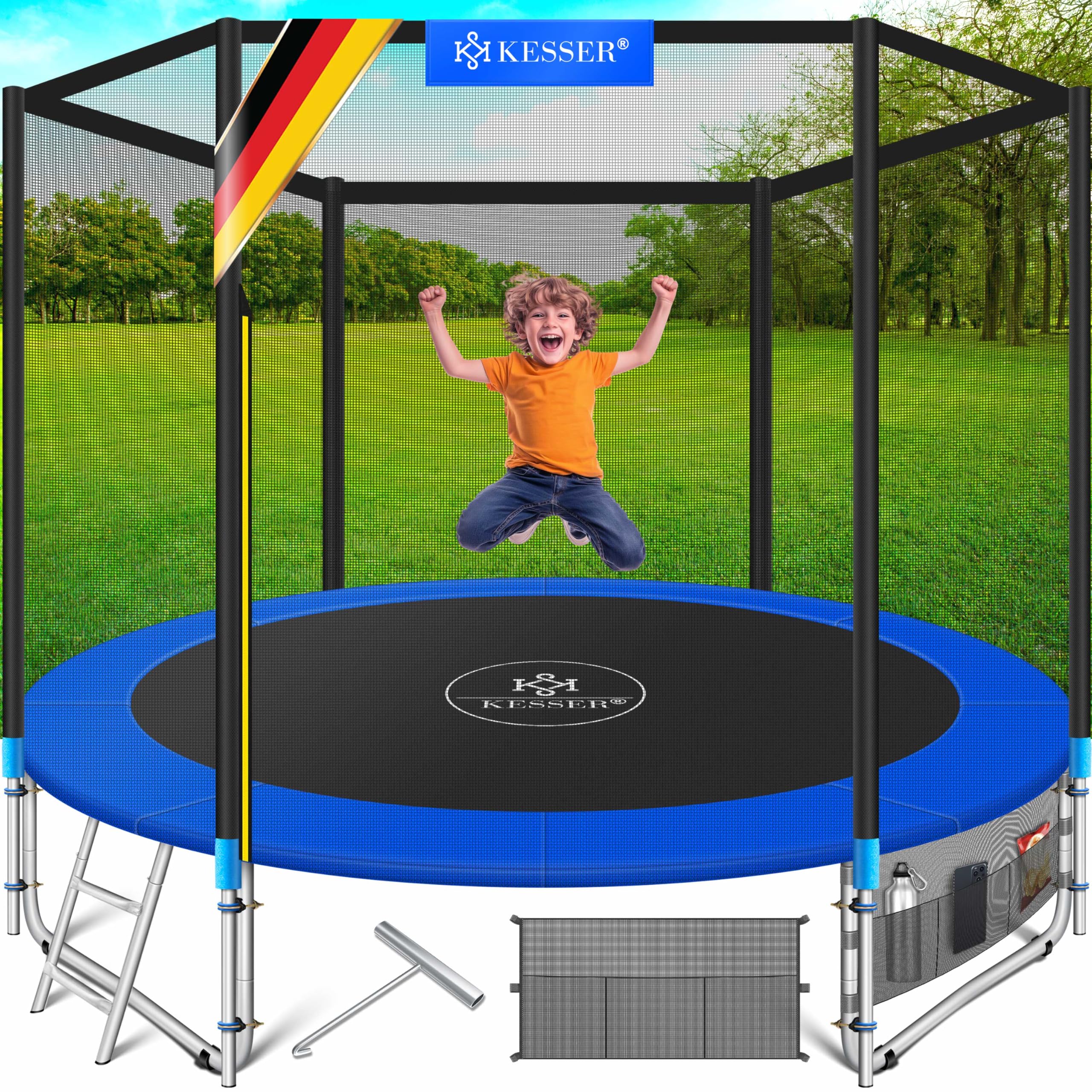 KESSER 366 Cm Sauterelle Bleue/Noire - Trampoline De Jardin Certifié