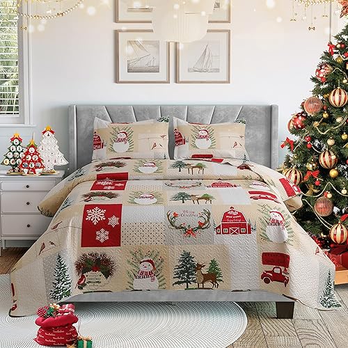 Juego de edredón de Navidad tamaño King, colcha reversible de 3 piezas, diseño de campanillas para decoración de cama de Año Nuevo, funda de cama