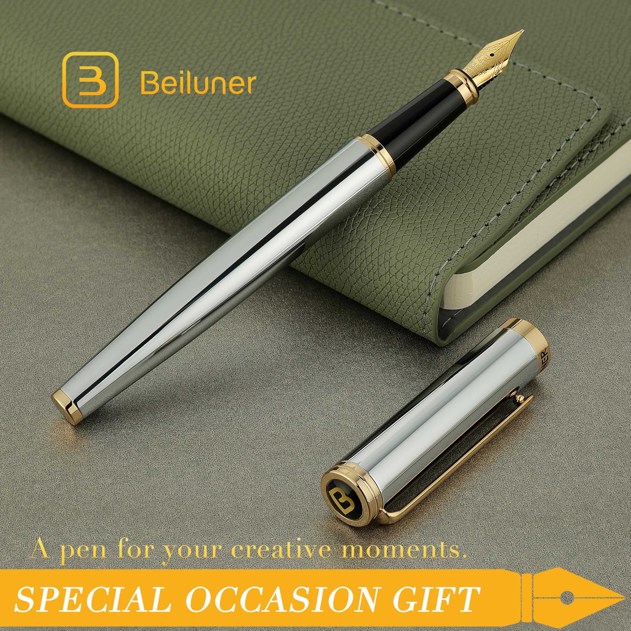 BEILUNER Silver Chrome Fountain Pen Stunning Luxury with 24K Gold Accents Gorgeous 24K Gilded Nib Medium Fancy Pen — view 7