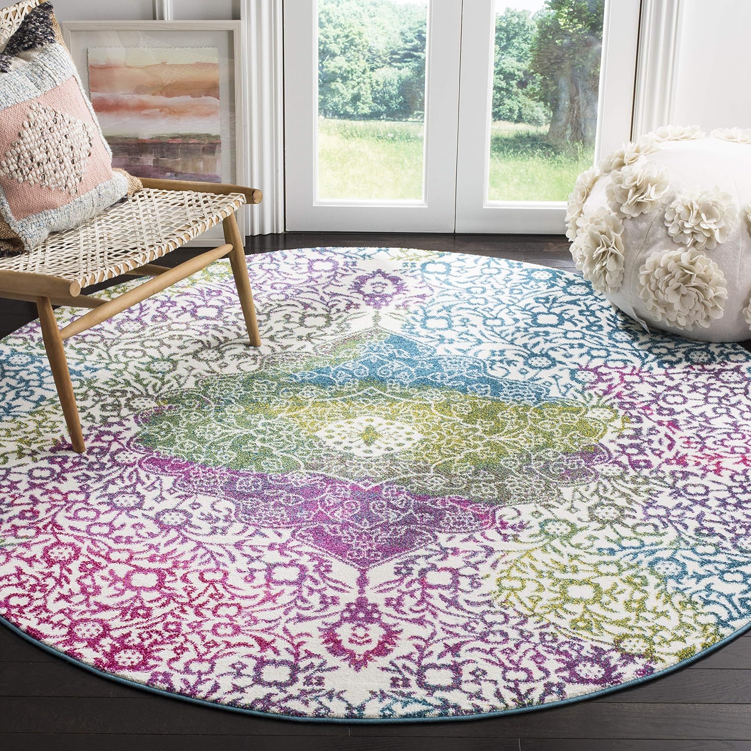 SAFAVIEH Watercolor Collection Area Rug - 6'7" x 9', Ivory & Fuchsia, Boho Chic Medallion Design, Non-Shedding & Easy Care, Ideal for High Traffic Areas in Living Room, Bedroom (WTC672F)