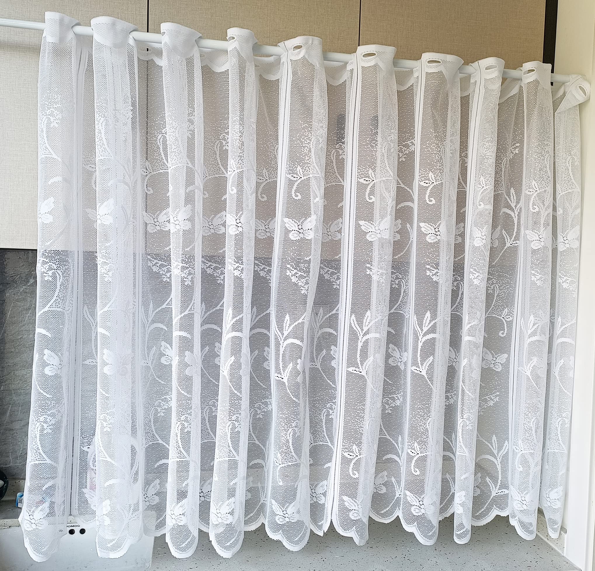 Scheibengardinen Jacquard Blumen Bordüre Gardine weiß Bistrogardine gebogt Breite 210cm Hoch 120cm Kurzegardinen kleine Scheibengardine Küchevorhänge