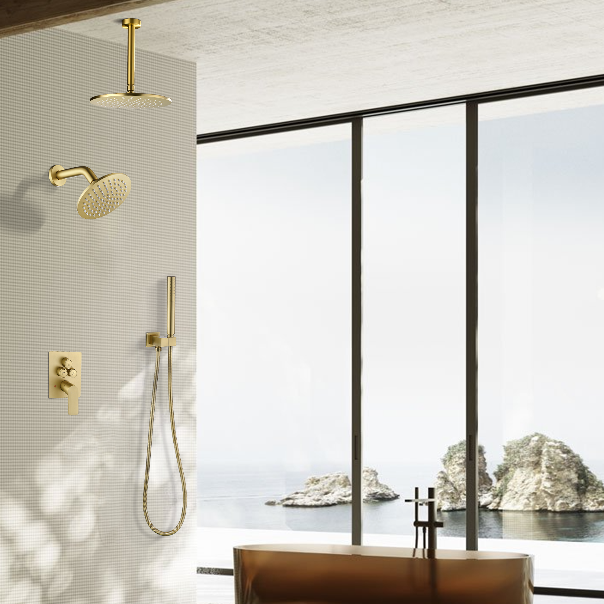 Juego de Ducha Rain Shower System, Set de Grifería en Oro Cepillado con Ducha de Mano 2 en 1, Cabezal de Ducha Doble de Lluvia, Montaje en Techo con Cabezal de Ducha de 10" y 6" de Pared, Diverter de Botón Pulsador miniatura 7