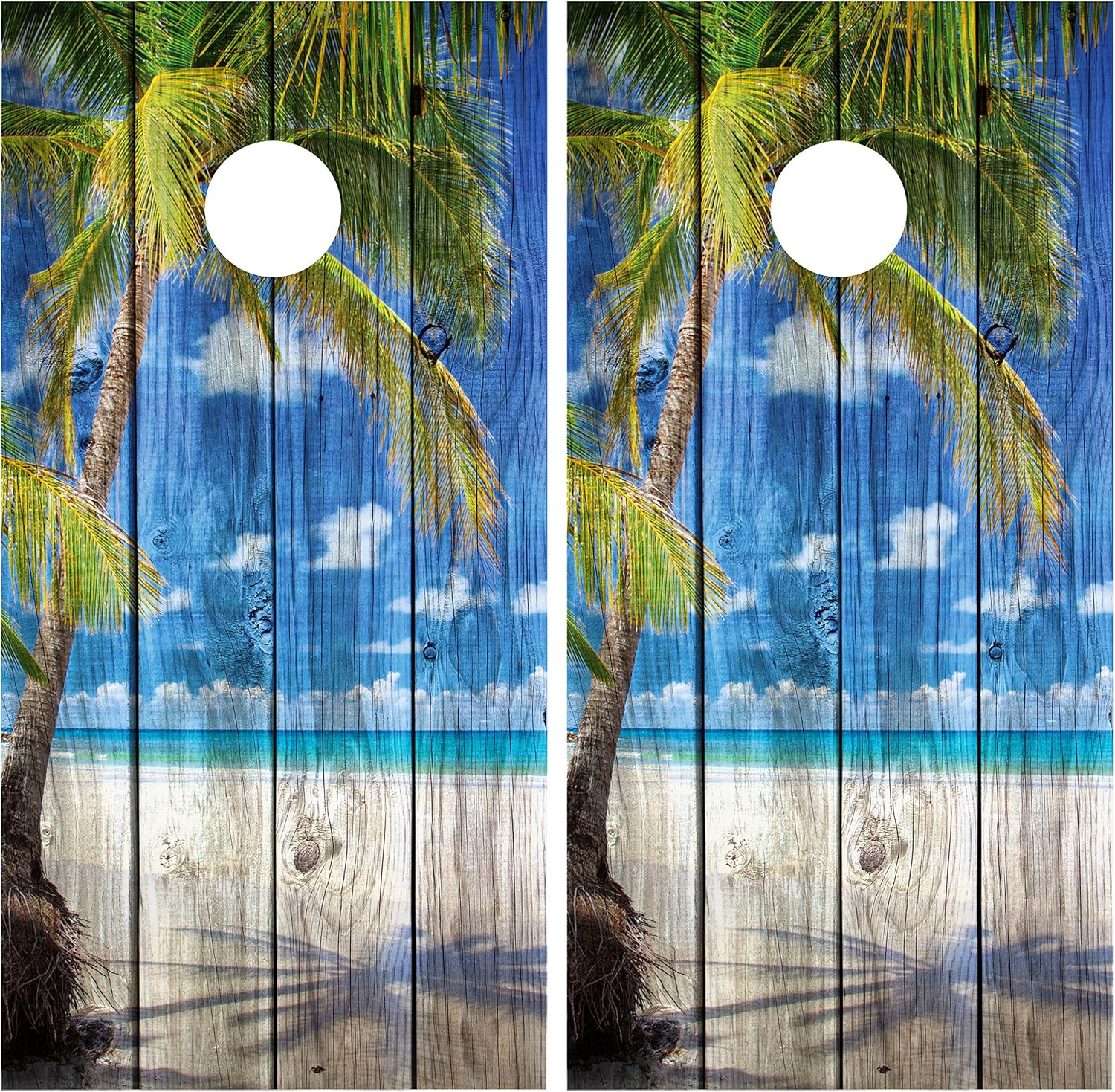 Beach Palm Tree Distressed Wood Laminated Cornhole Board Decal Wrap Wraps