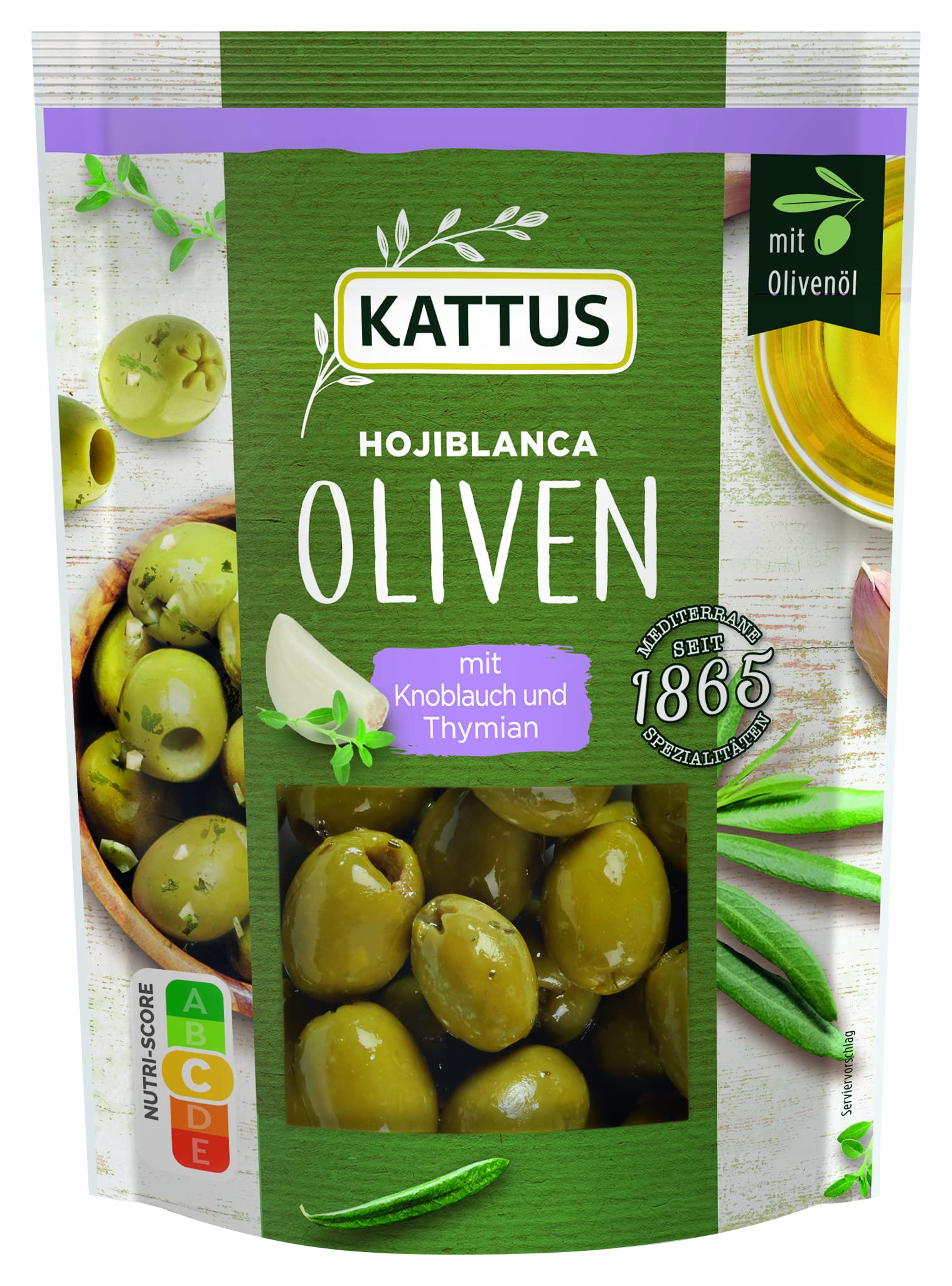 Kattus - Hojiblanca Oliven mit Thymian und Knoblauch | Grüne Oliven ohne Stein | Im wiederverschließbaren Beutel | 120 g im Beutel