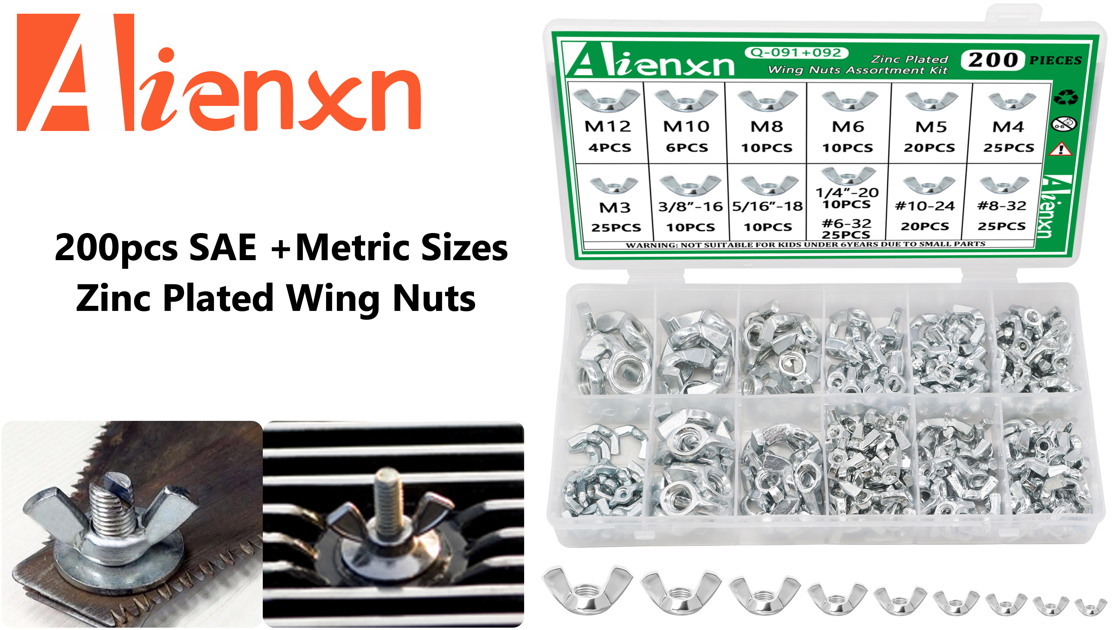 Image of 200PCS Wing Nuts Assortment Kit, Metric & SAE Sizes- M3 -M12, #6-32 to 3 /8 inch-16 Zinc Plated Wingnuts Fasteners, Parts Butterfly Wing Nut