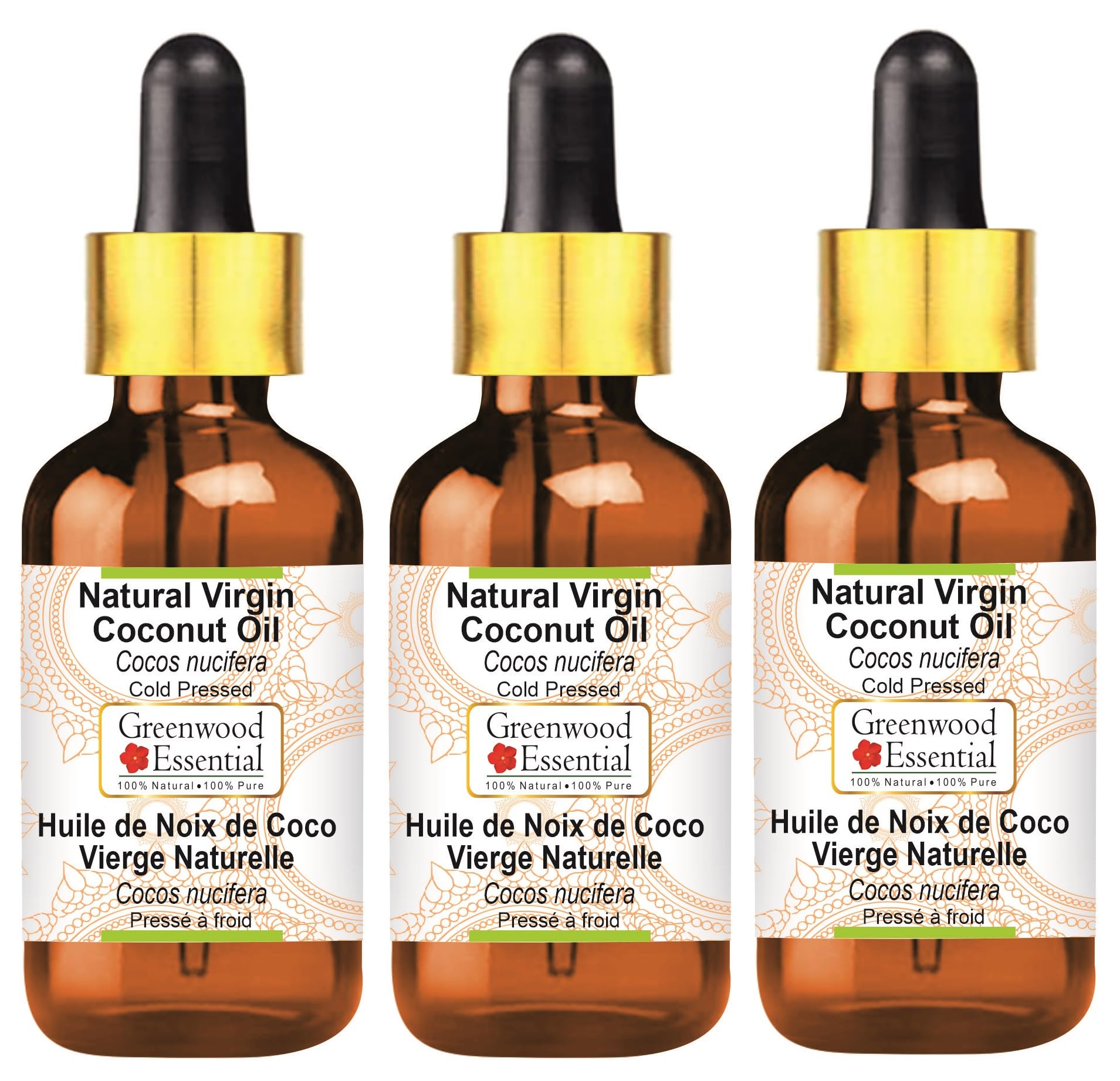 Greenwood Essential Olio di cocco vergine naturale (Cocos nucifera) con contagocce in vetro pressato a freddo 100 ml X 3 (10 oz)