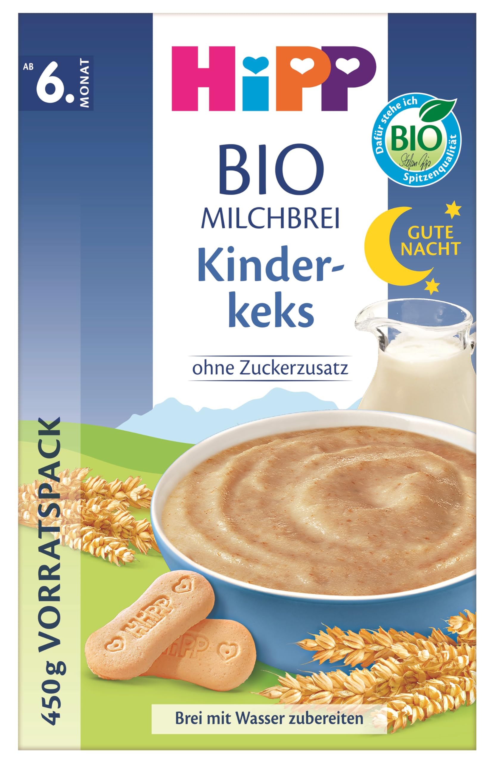 HiPP Bio-Milchbreie ohne Zuckerzusatz, Gute-Nacht-Brei Kinderkeks, Vorratspackung (4x450g)
