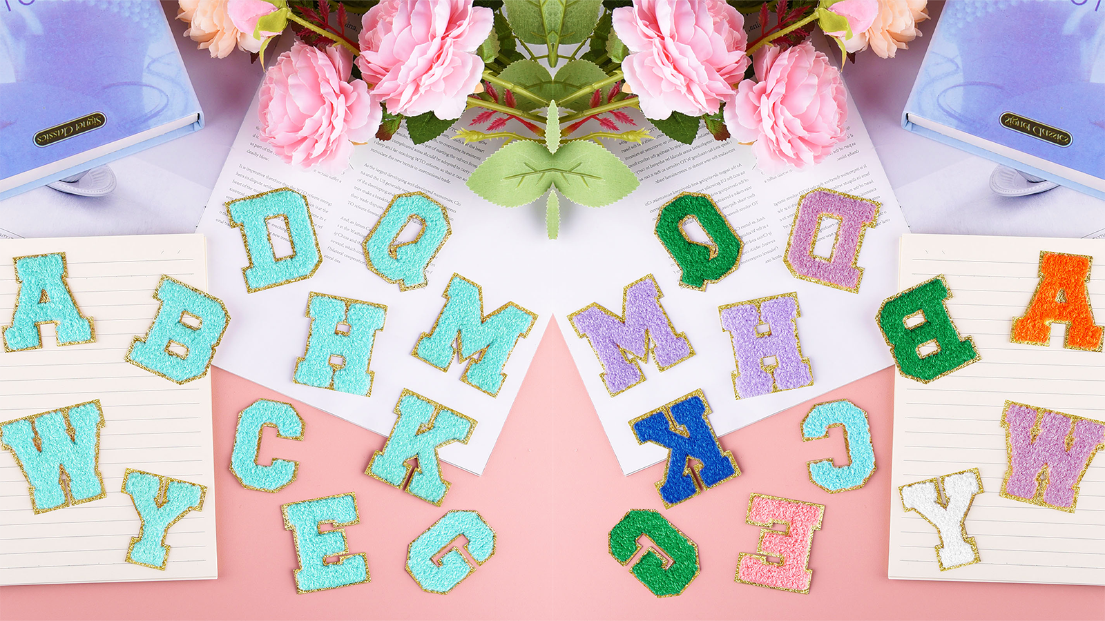 Lot 26 Lettres Thermocollantes En Chenille Rose Clair - A à Z - 5,6x5,1cm - Pour Vêtements, Sacs, Customisation