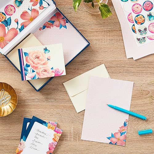 Miniatura 2 de Hallmark Juego de papelería con organizador de escritorio, floral (10 tarjetas en blanco con sobres, 20 hojas de escritura con sobres, bloc de notas