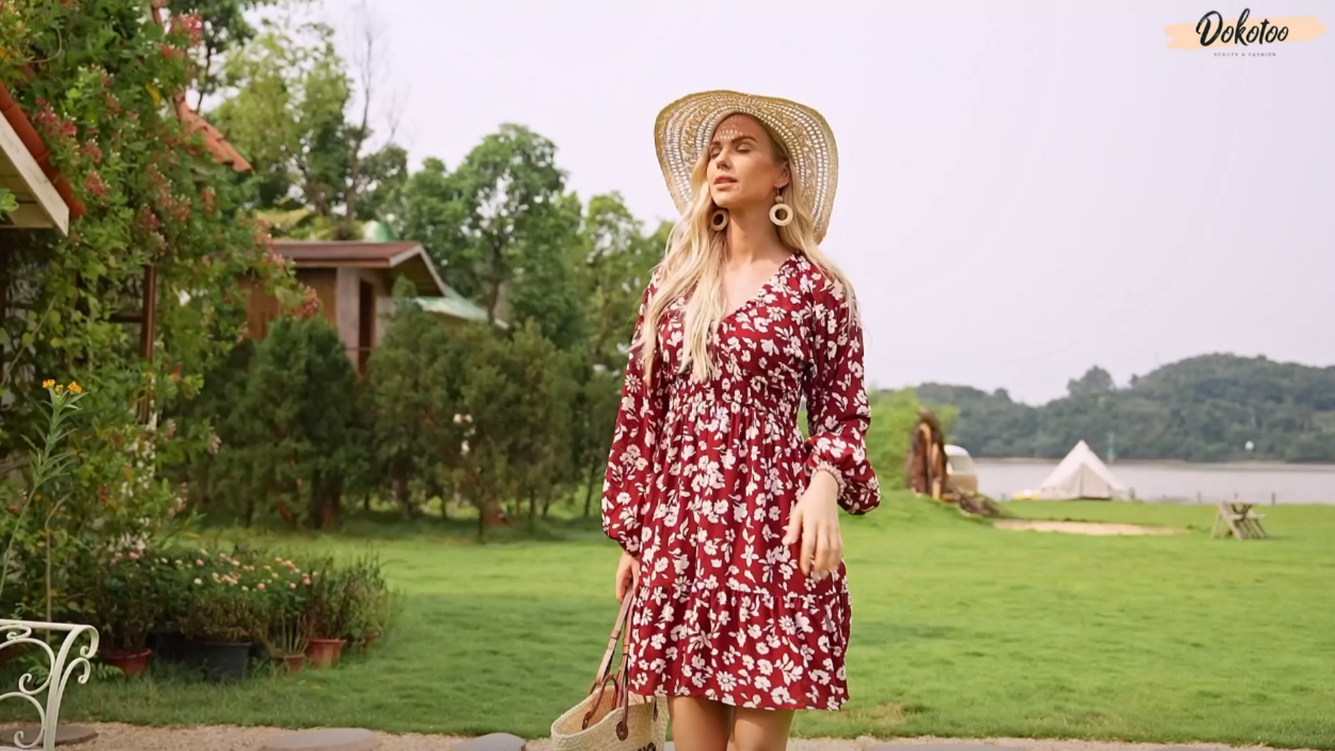 dokotoo dress Dokotoo Boho Dresses for Women 2026 Spring Summer Long Sleeve V Neck  Smocked High Waist Babydoll Mini Tunic Dress Casual Resort Wear A Line  Swing Beach Short Sun Dress Sundress Army Green