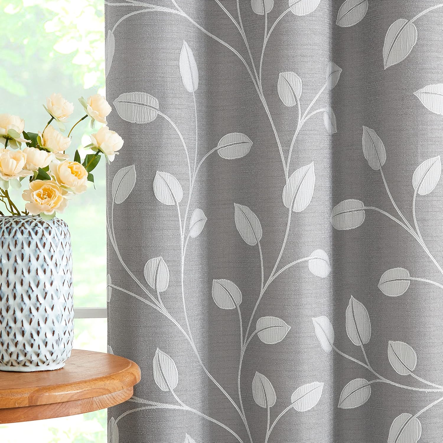 WEST LAKE Gray White Leaf Jacquard Curtain 2 Panels Heavy Linen Textured Room Darkening with Branches Pattern Grommet Top Party Window Treatment for Living Room/Bedroom,50"x84"x2