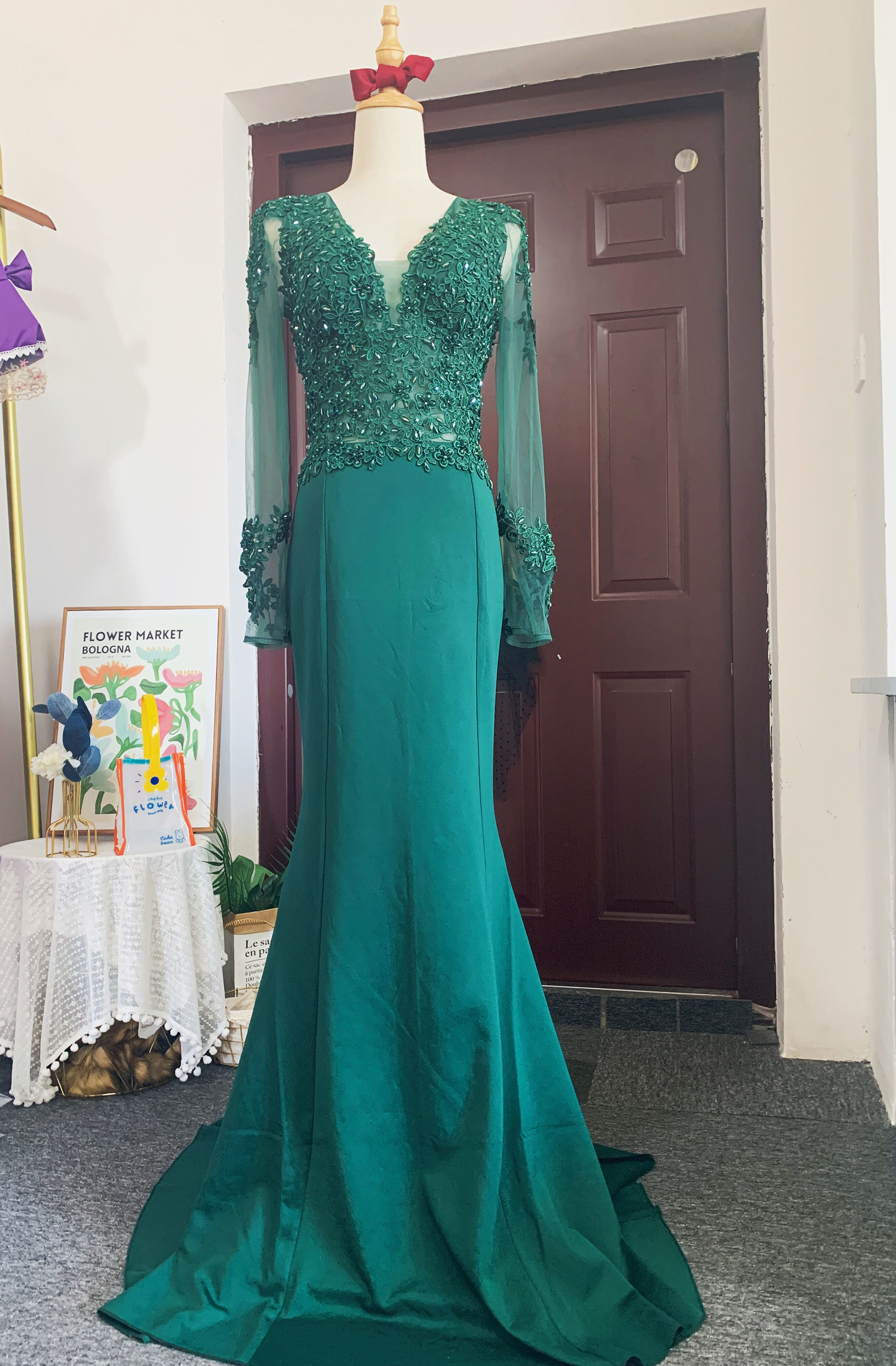 sachin and babi light blue dress Long Sleeves Mermaid V-Neck Satin Prom Dress with Side Swept Wrap main image 1