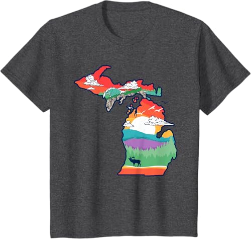Miniatura 12 de Michigan Outside Vintage Nature Illustration Artistic T-Shirt Slate Grey,White,Baby Blue,Red,Silver Grey,Dark Green,Kelly Green,Olive Green,Lemon