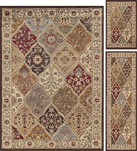 Vista 2 de Cambridge - Juego de alfombras multicolor de 3 piezas, sala de estar, comedor, dormitorio, entrada, cocina, alfombras para sala de estar