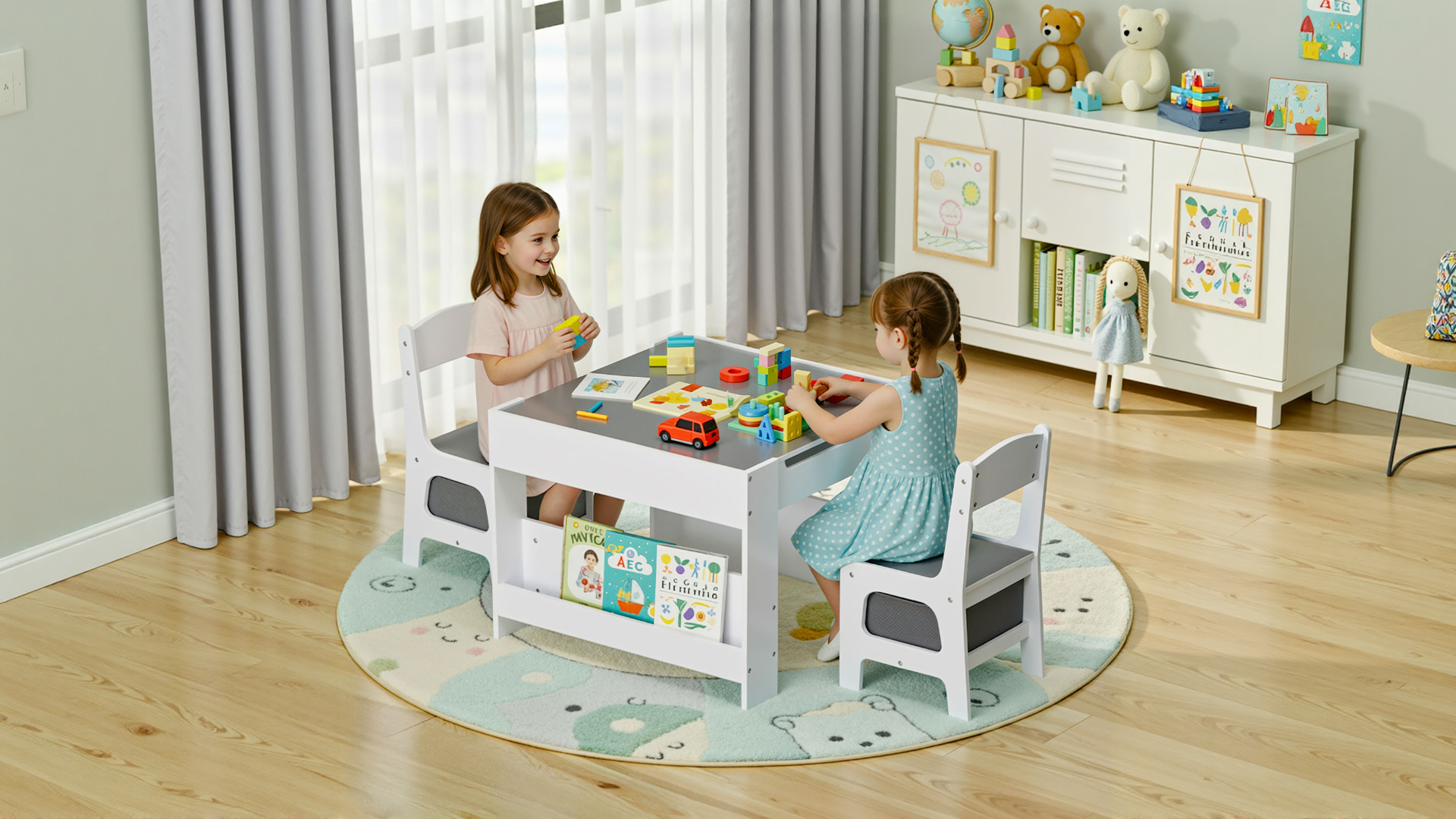 Set Tavolo E 2 Sedie Per Bambini 3 In 1 MAMIZO - Con Lavagna/Gessi, Libreria E Contenitori, Legno, Per Età 3-7 Anni (Verde)