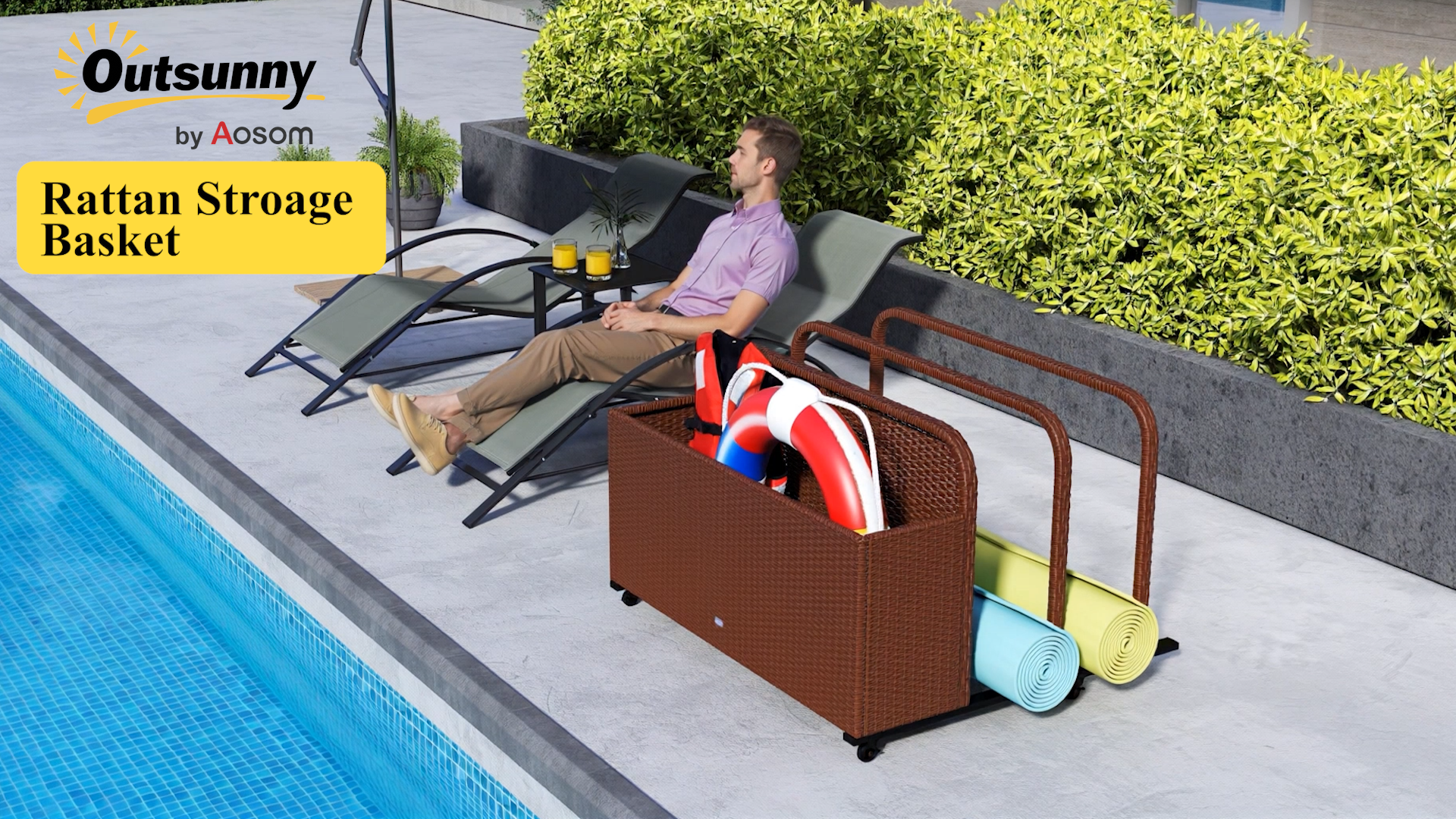 Contenitore Da Piscina In Rattan Sintetico – Con Ruote, 2 Scomparti E Cestino, Per Galleggianti E Accessori