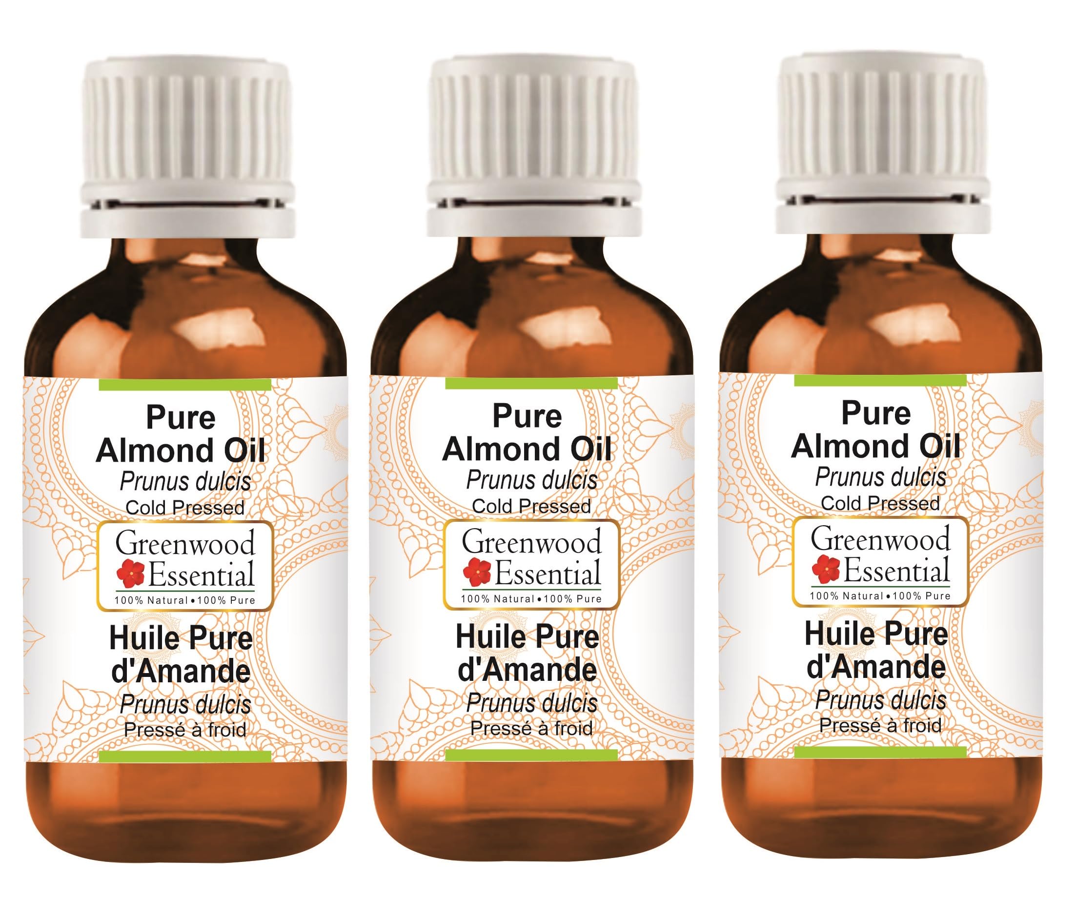 Greenwood Essential Olio di mandorle naturale (Prunus dulcis) pressato a freddo, 100 ml x 3 (10 oz)