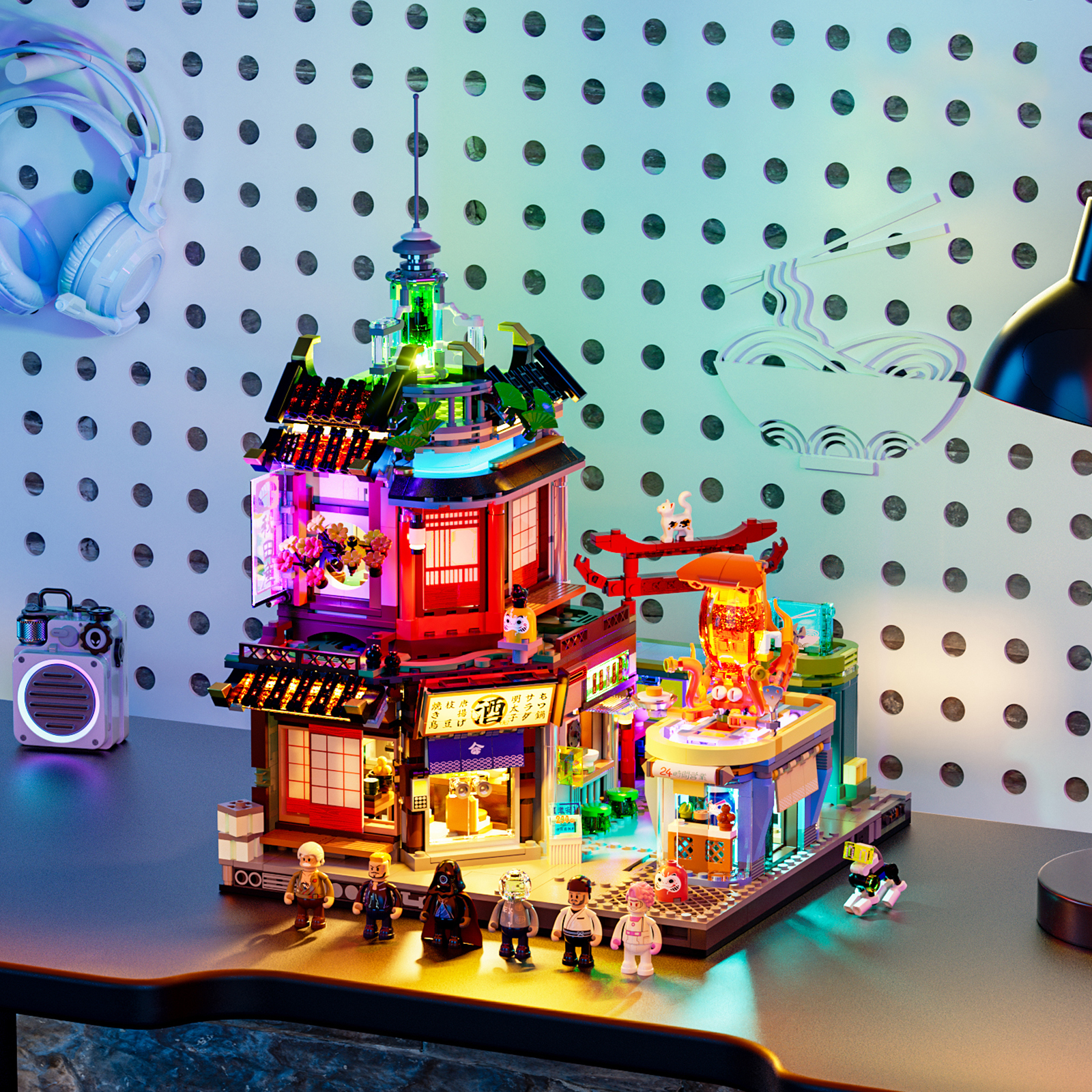 FUNWHOLE Cyberpunk Japanese Izakaya Light Building Block Set