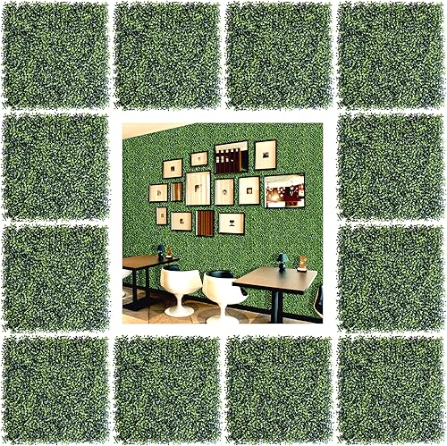 Bybeton Paneles de pared de césped artificial, 20 x 20 pulgadas (12 unidades), paneles de boj anti rayos UV, telón de fondo de pared verde para