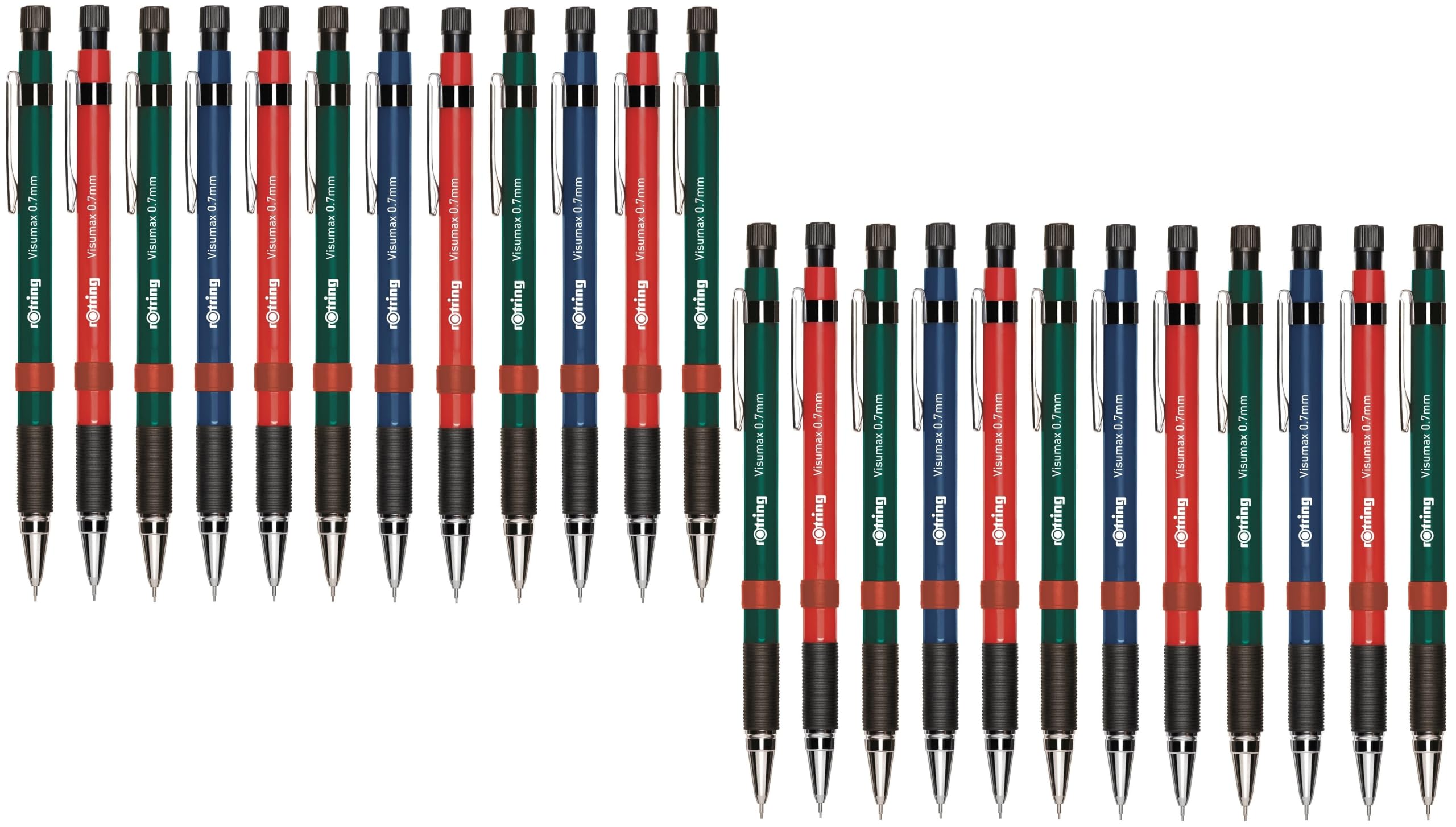 rOtring Visumax Mechanical Pencils - 0.7mm - Pack of 24 - Refillable - Twist Out Eraser - Rubber Grip - Assorted Barrel Colours