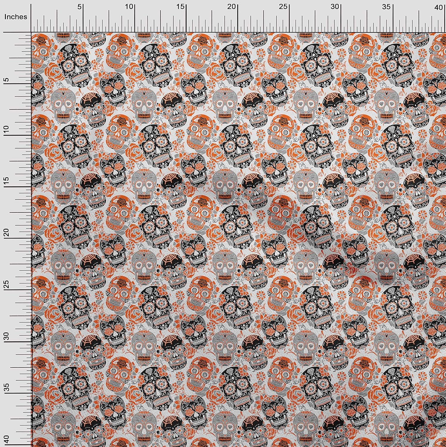 oneOone Polyester Spandex Orange Fabric Floral & Skull Skull DIY Clothing Quilting Material Print Fabric by Yard 56 Inch Wide