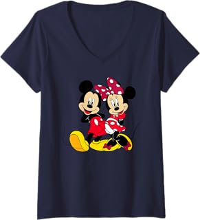 Womens Disney Big Mickey and Minnie Mouse V-Neck T-Shirt, Blue, Small