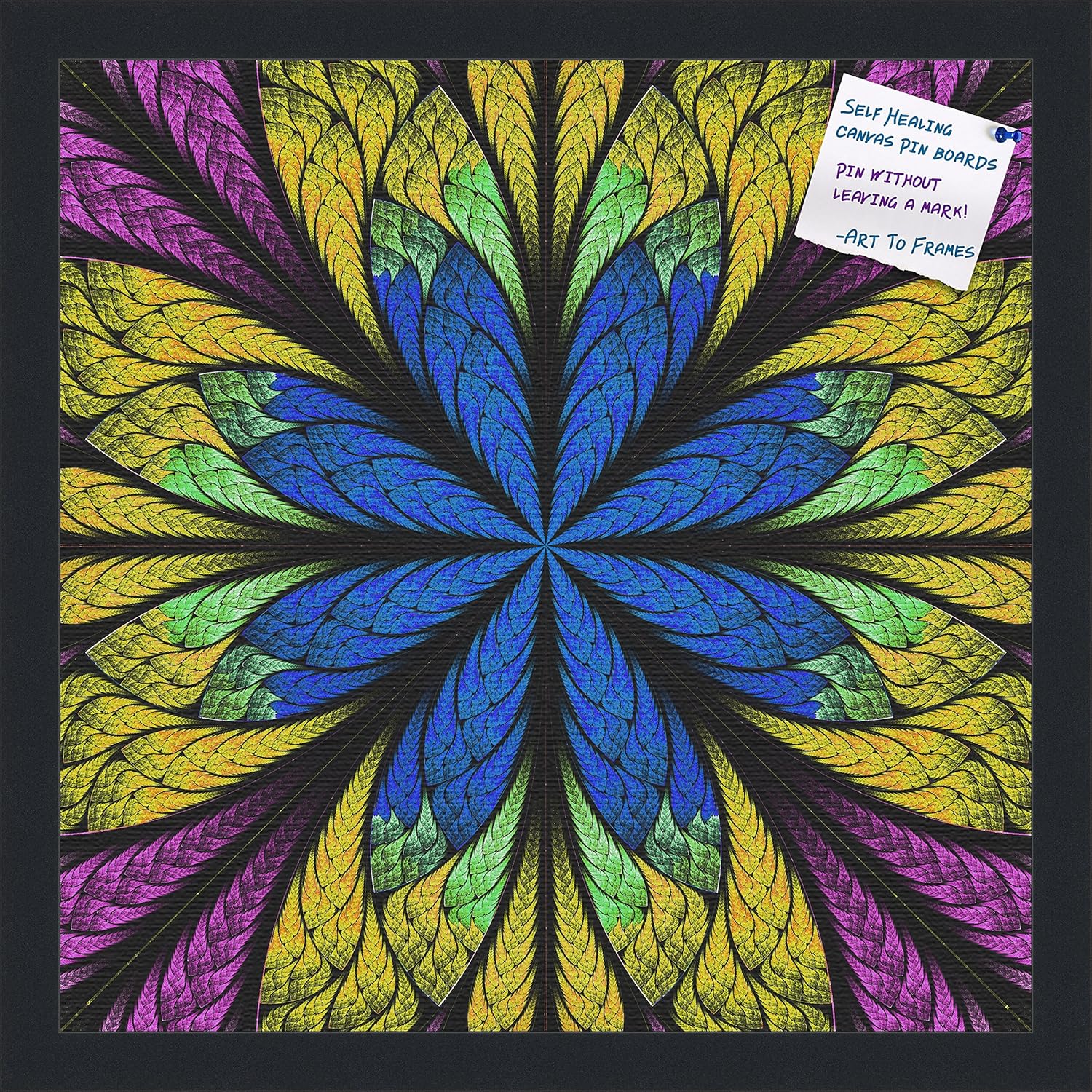 Decorative bulletin board made from self-healing canvas by PinPix, Fractal Psychedelic Flower printed at 16x16 and framed in Satin Black